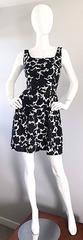 1950s Black and White Leaf Print Sequin Cotton Fit and Flare 50s Vintage Dress