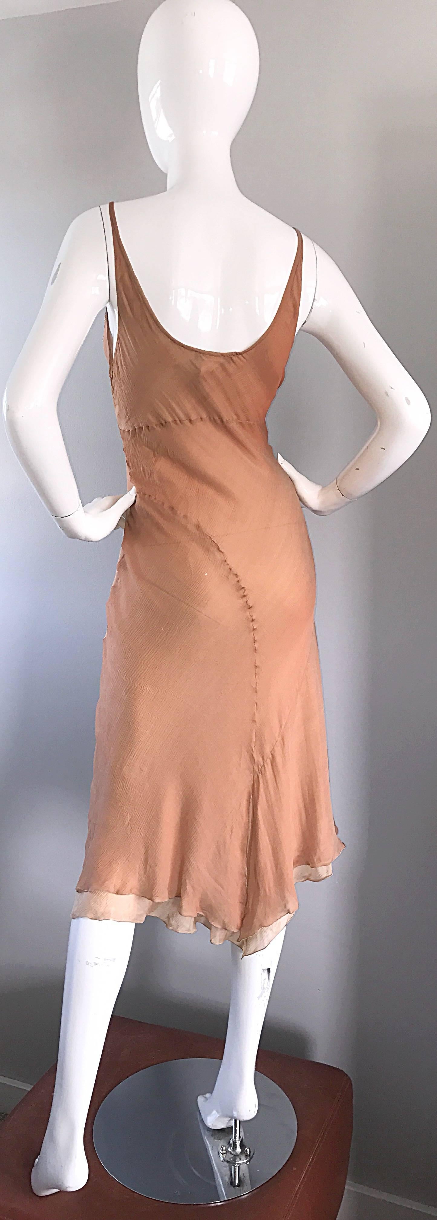 Orange 1990s Lolita Lempicka Silk Chiffon Terracotta Tan Rhinestone Vintage 90s Dress