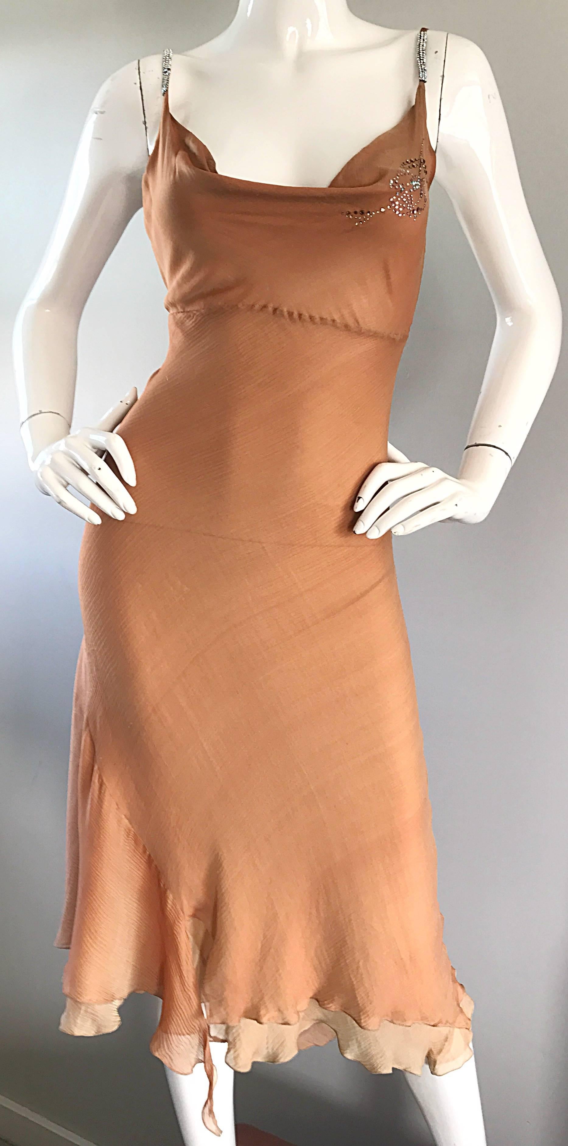 1990s Lolita Lempicka Silk Chiffon Terracotta Tan Rhinestone Vintage 90s Dress In Excellent Condition In San Diego, CA