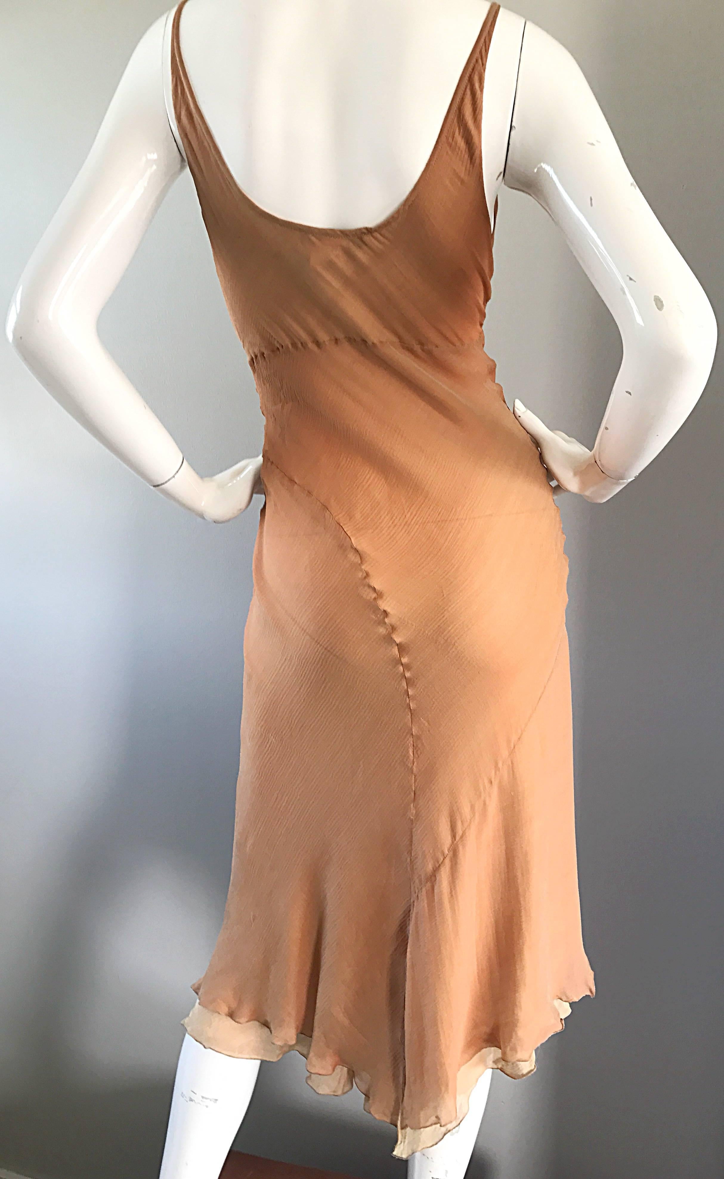 Women's 1990s Lolita Lempicka Silk Chiffon Terracotta Tan Rhinestone Vintage 90s Dress