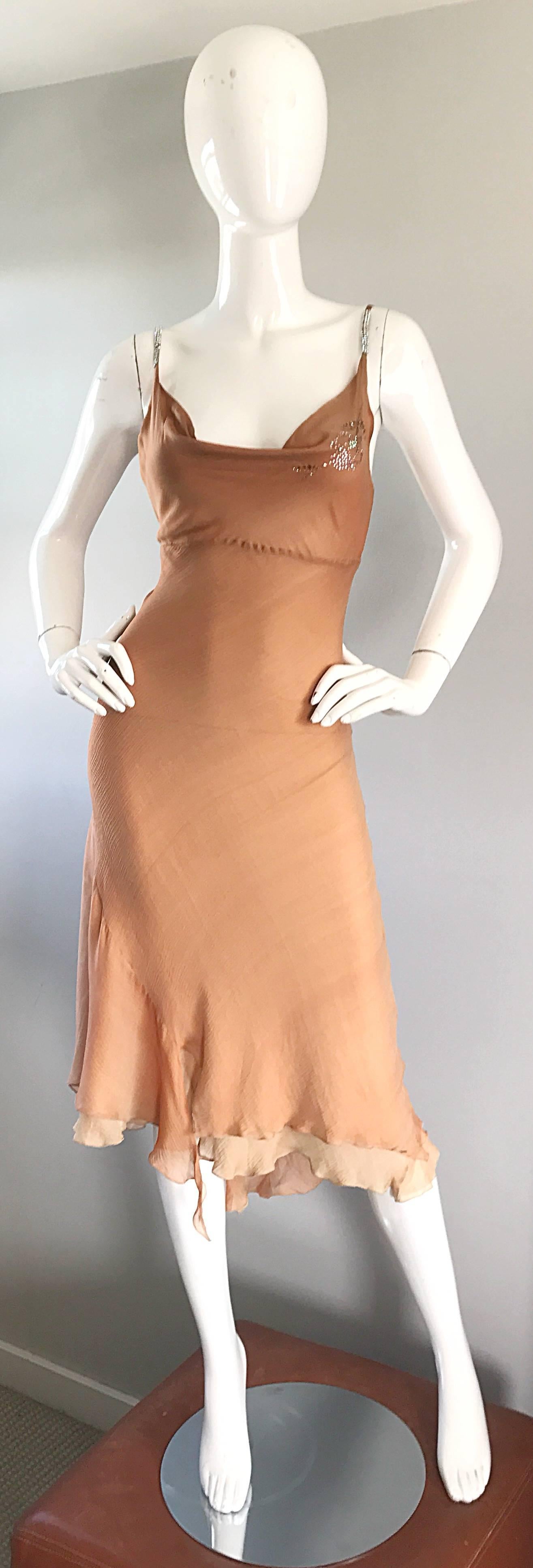 1990s Lolita Lempicka Silk Chiffon Terracotta Tan Rhinestone Vintage 90s Dress 1