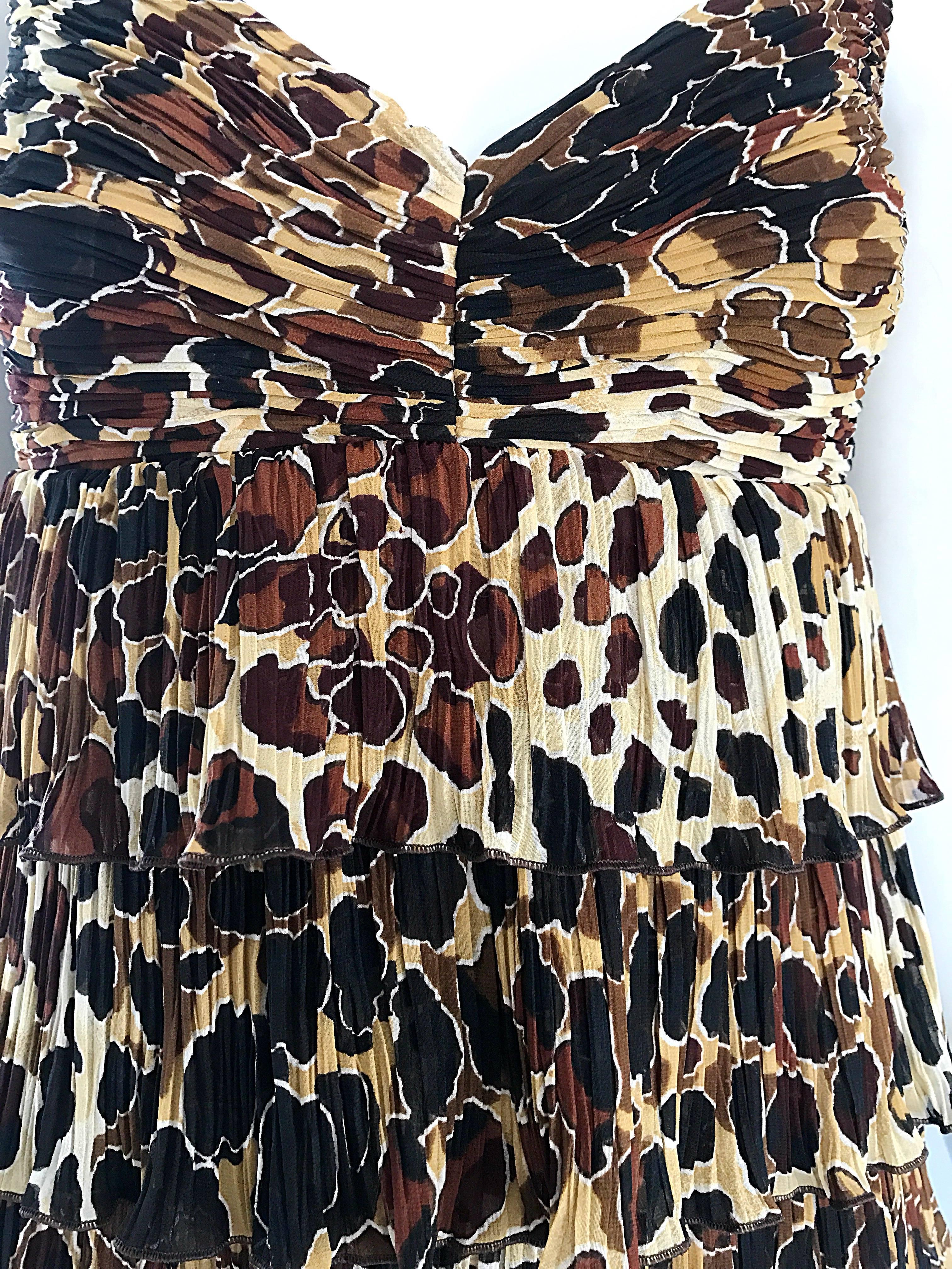 Black New Escada Leopard Cheetah Print Silk Tiered Sleeveless Tiered Empire Blouse 38 For Sale