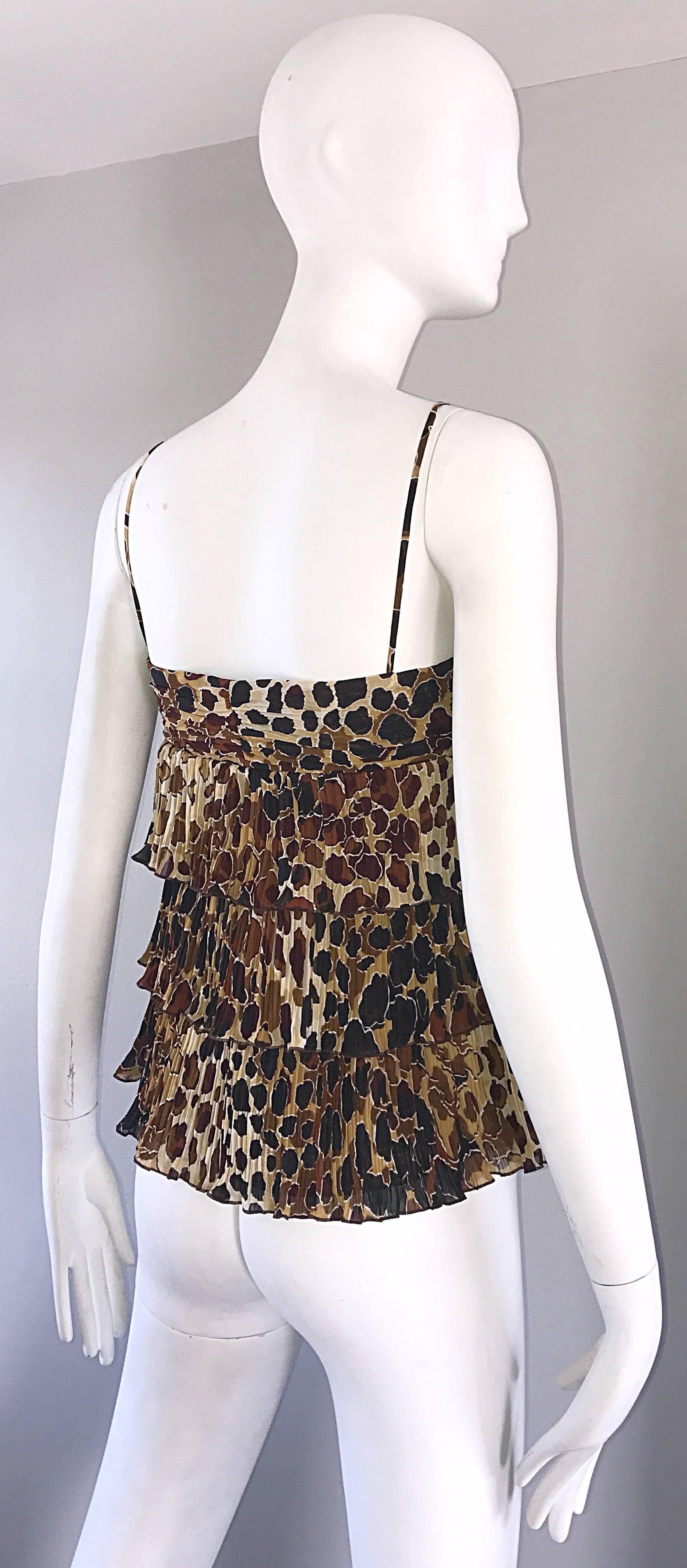 New Escada Leopard Cheetah Print Silk Tiered Sleeveless Tiered Empire Blouse 38 For Sale 1