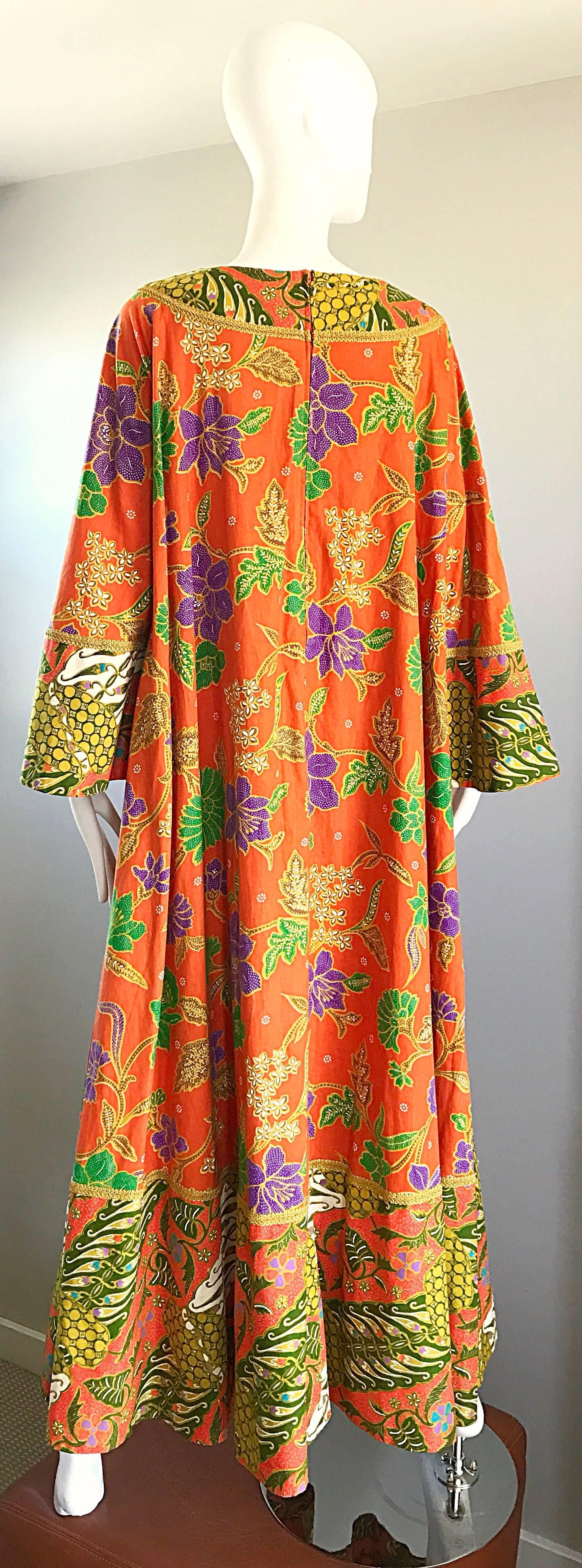 1970s Jay Morley + Fern Violette Orange Boho Cotton Caftan 70s Maxi Dress  In Excellent Condition In San Diego, CA