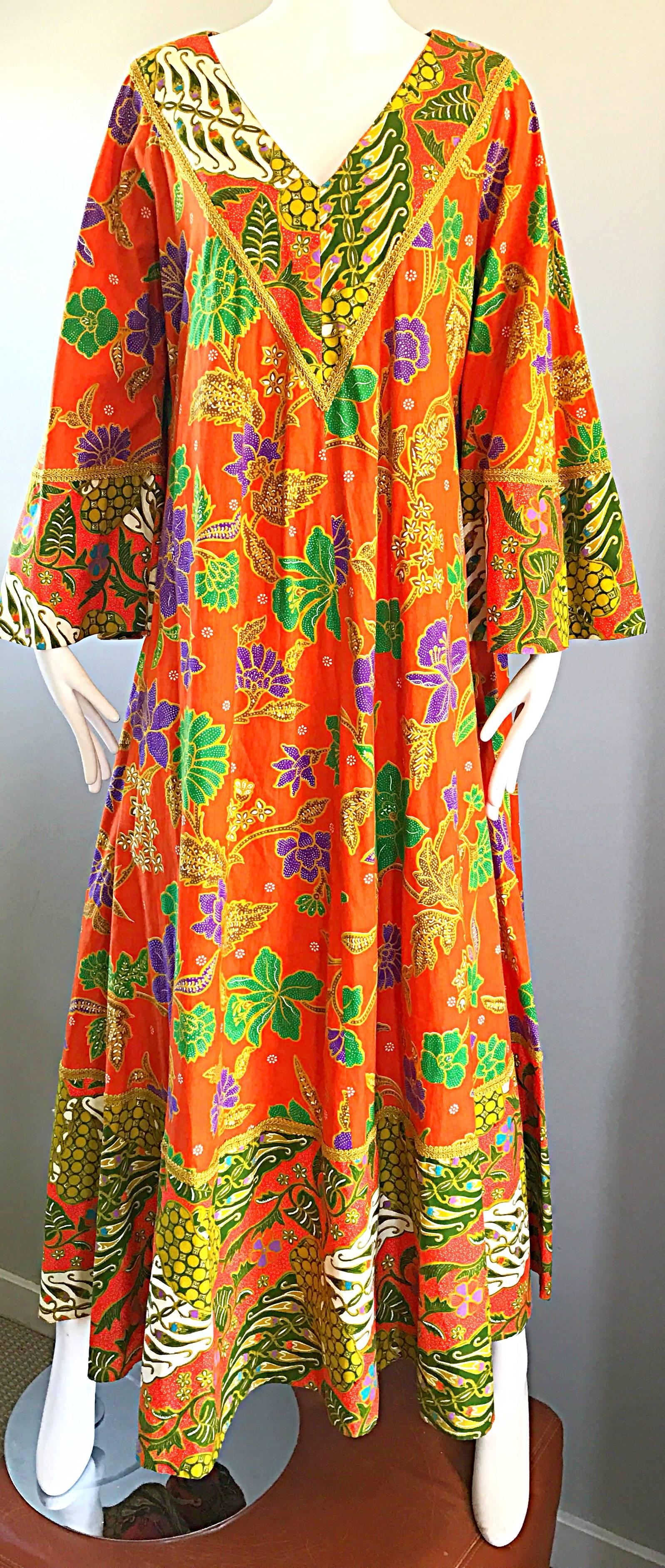 Women's 1970s Jay Morley + Fern Violette Orange Boho Cotton Caftan 70s Maxi Dress 