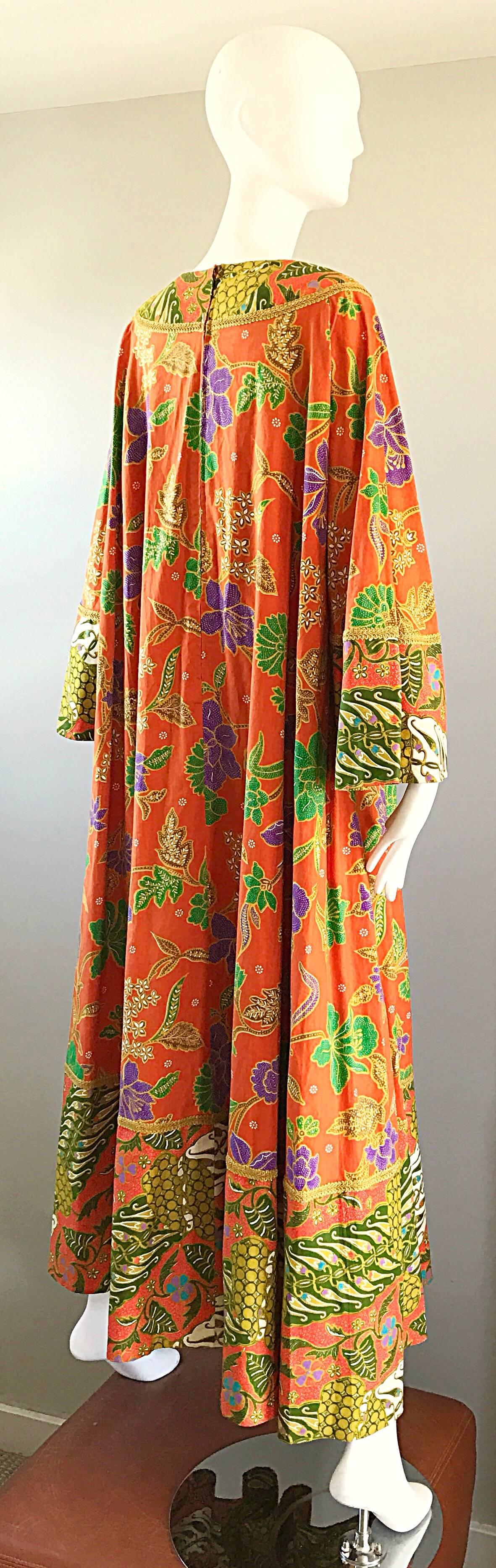 1970s Jay Morley + Fern Violette Orange Boho Cotton Caftan 70s Maxi Dress  1