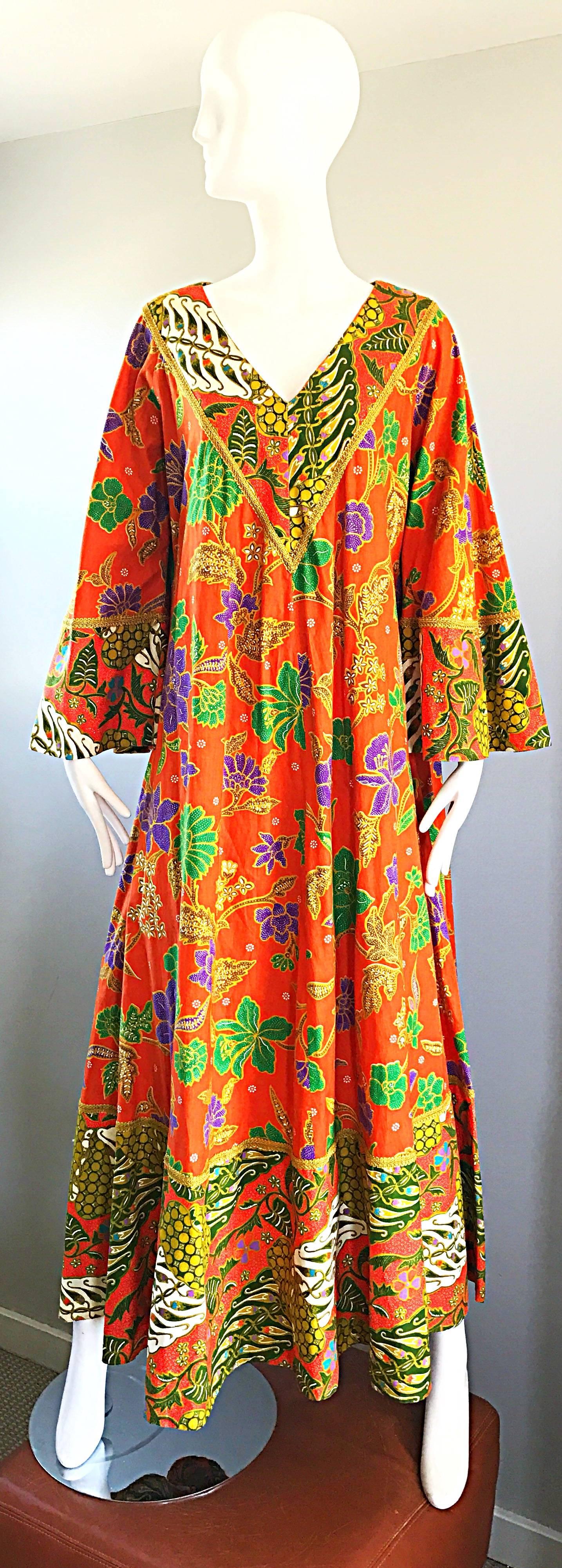 1970s Jay Morley + Fern Violette Orange Boho Cotton Caftan 70s Maxi Dress  2