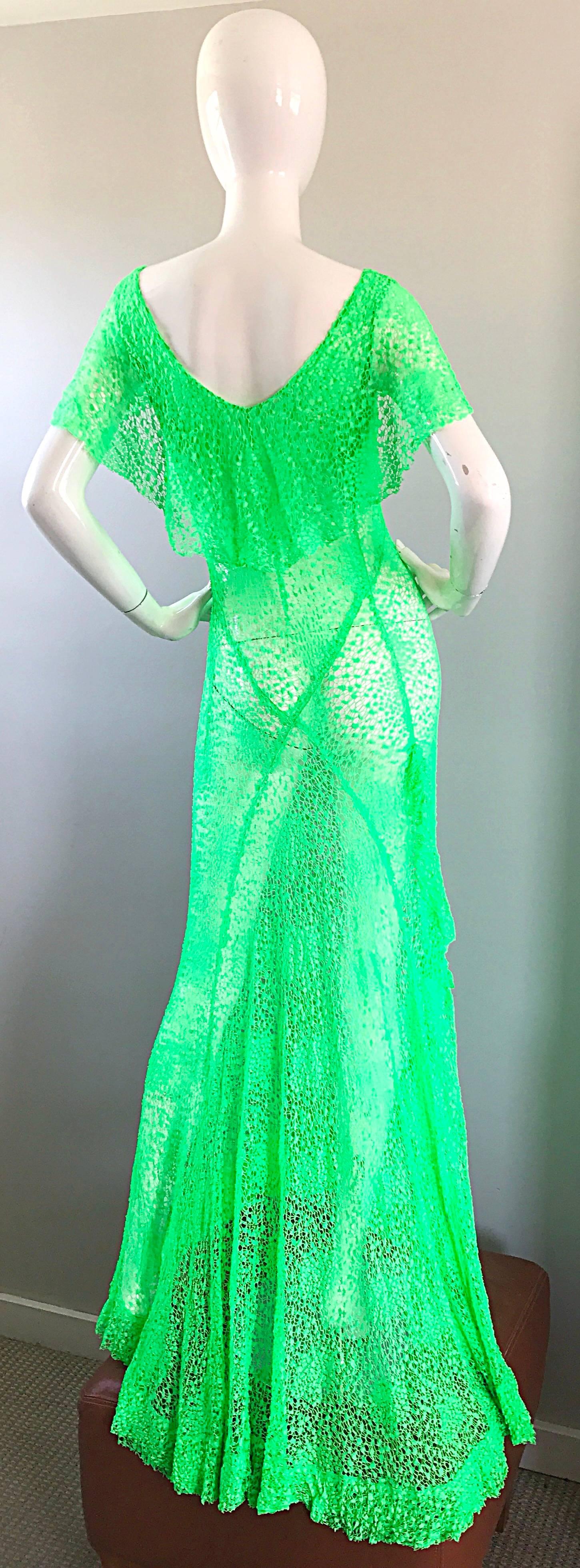 1930s Bright Neon Green Hand Crochet Vintage Bias Cut Gown In Excellent Condition In San Diego, CA