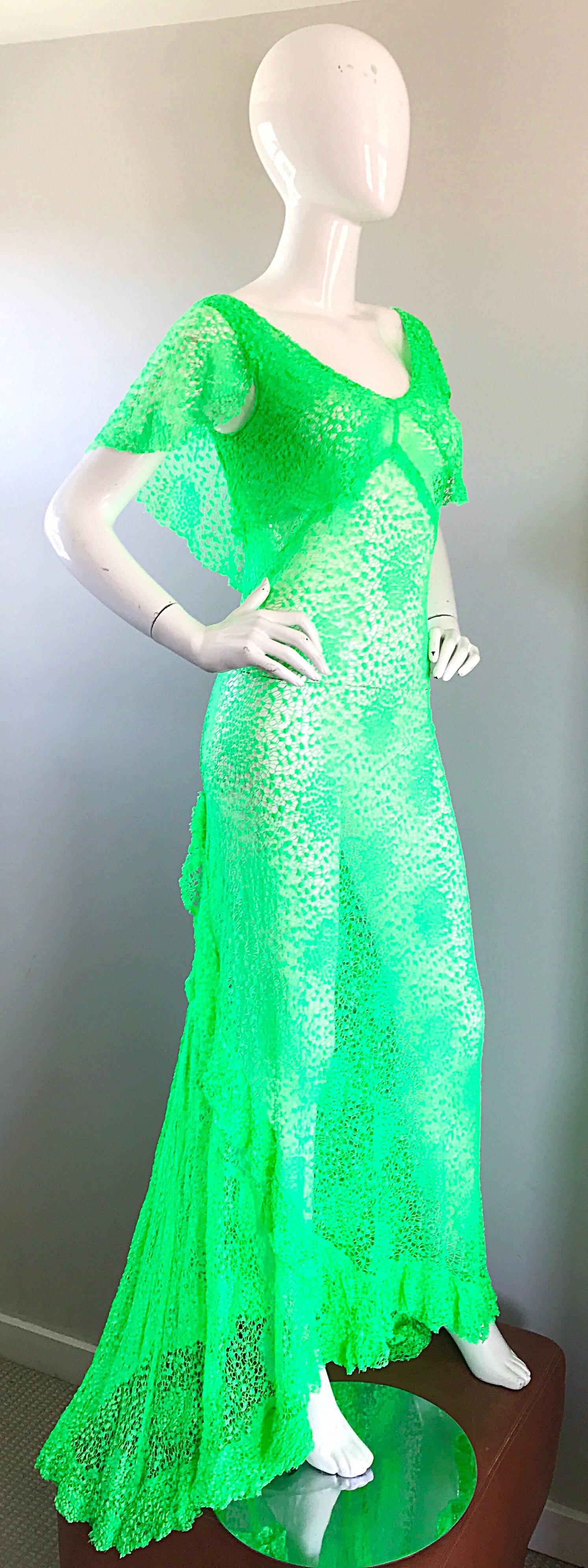 Women's 1930s Bright Neon Green Hand Crochet Vintage Bias Cut Gown