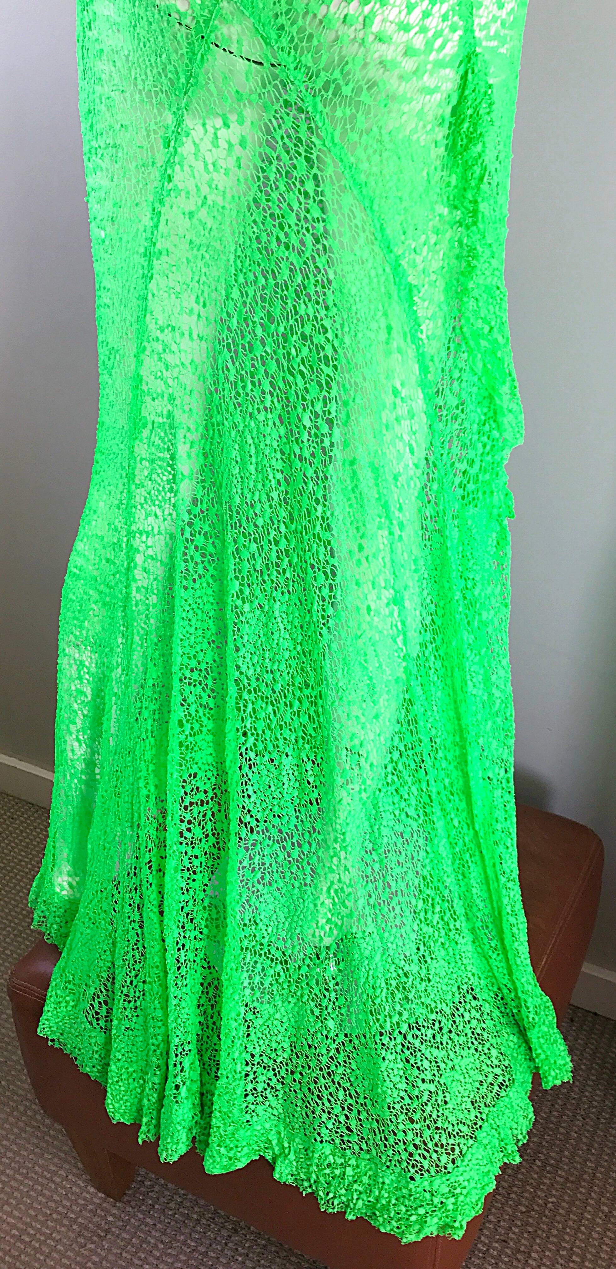 1930s Bright Neon Green Hand Crochet Vintage Bias Cut Gown 1