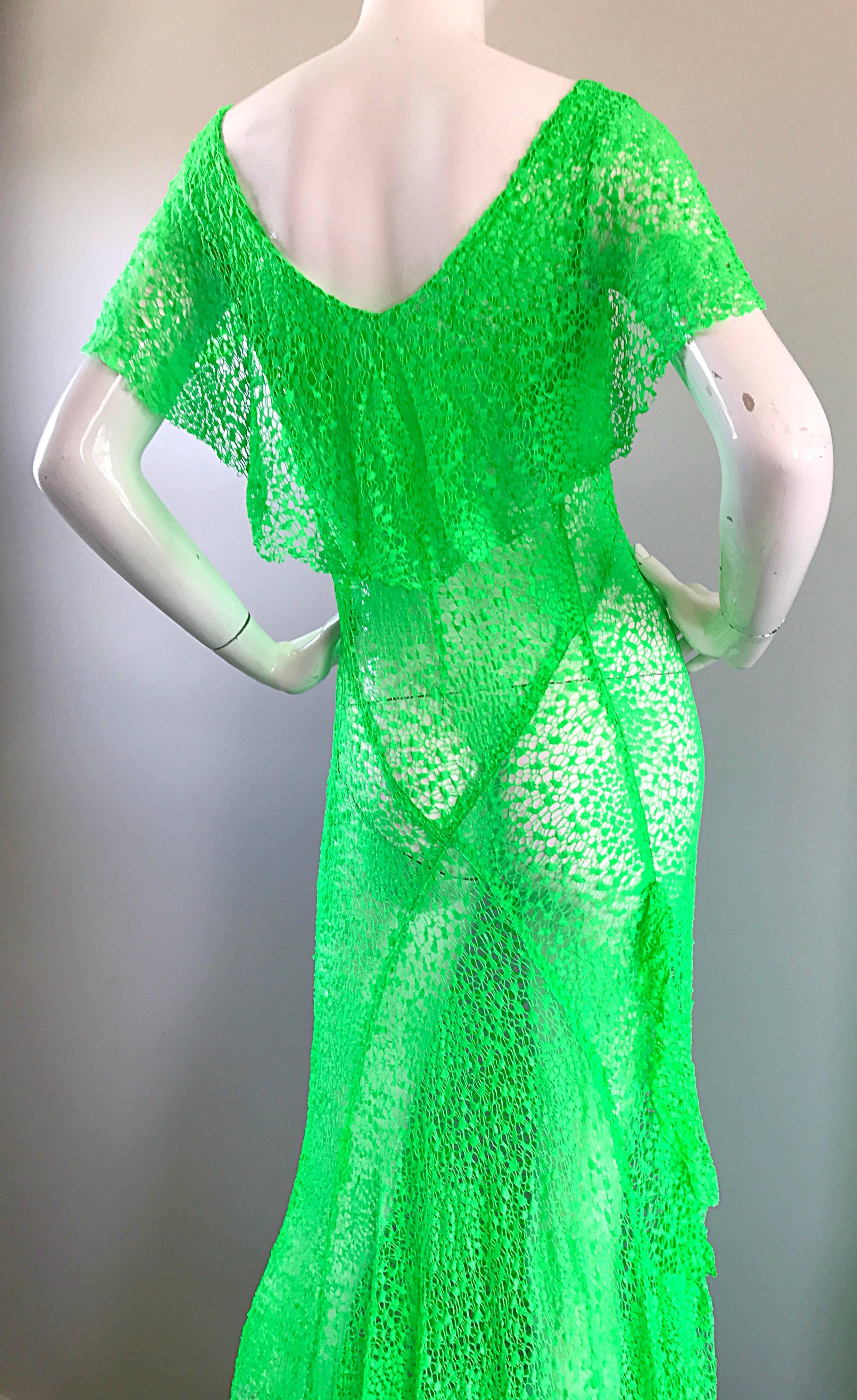 1930s Bright Neon Green Hand Crochet Vintage Bias Cut Gown 2