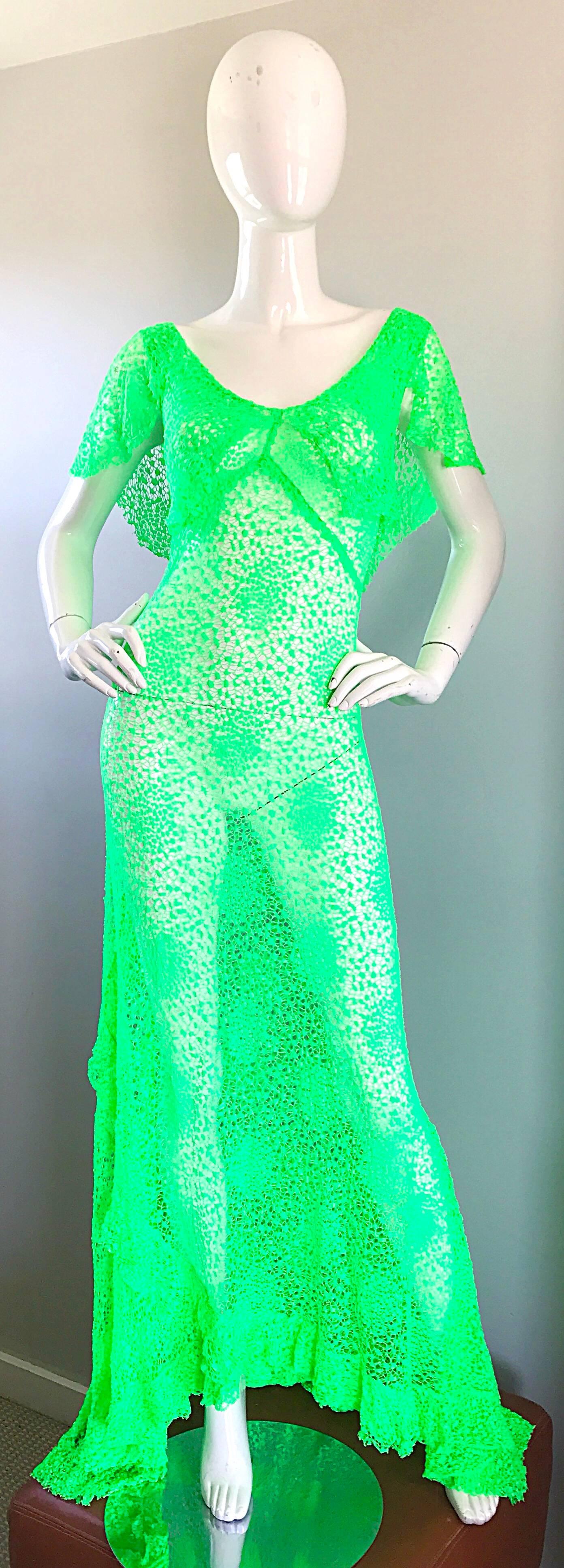 1930s Bright Neon Green Hand Crochet Vintage Bias Cut Gown 5