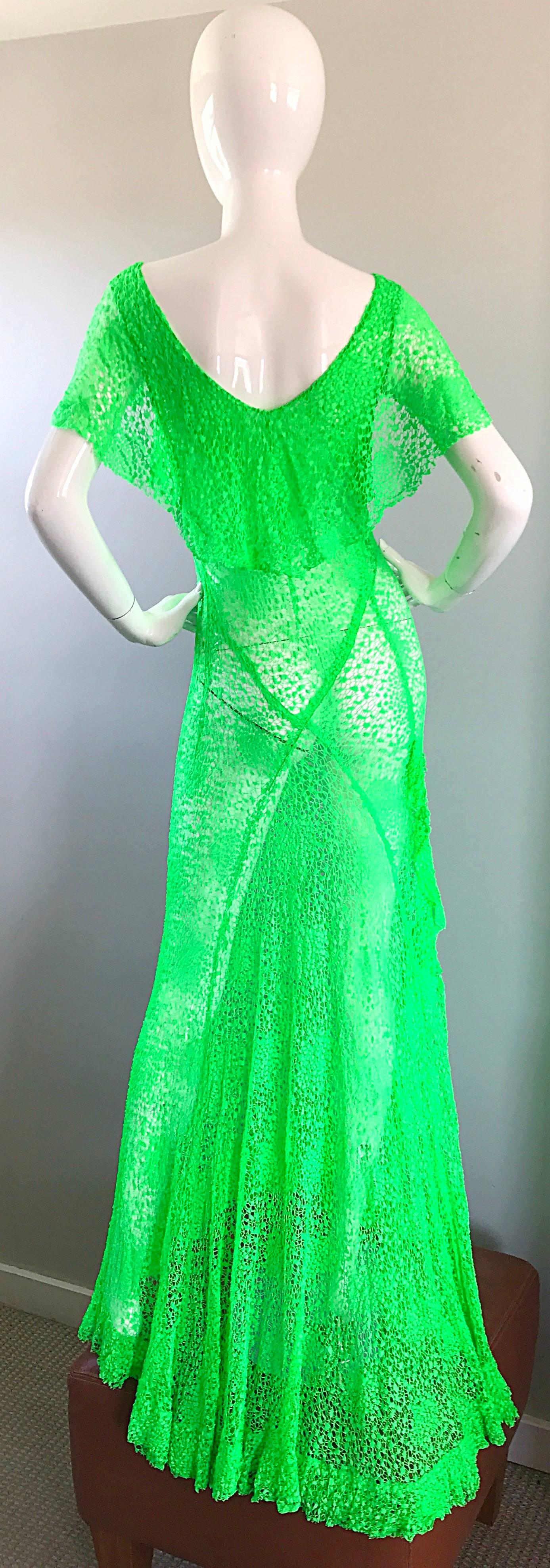 1930s Bright Neon Green Hand Crochet Vintage Bias Cut Gown 4