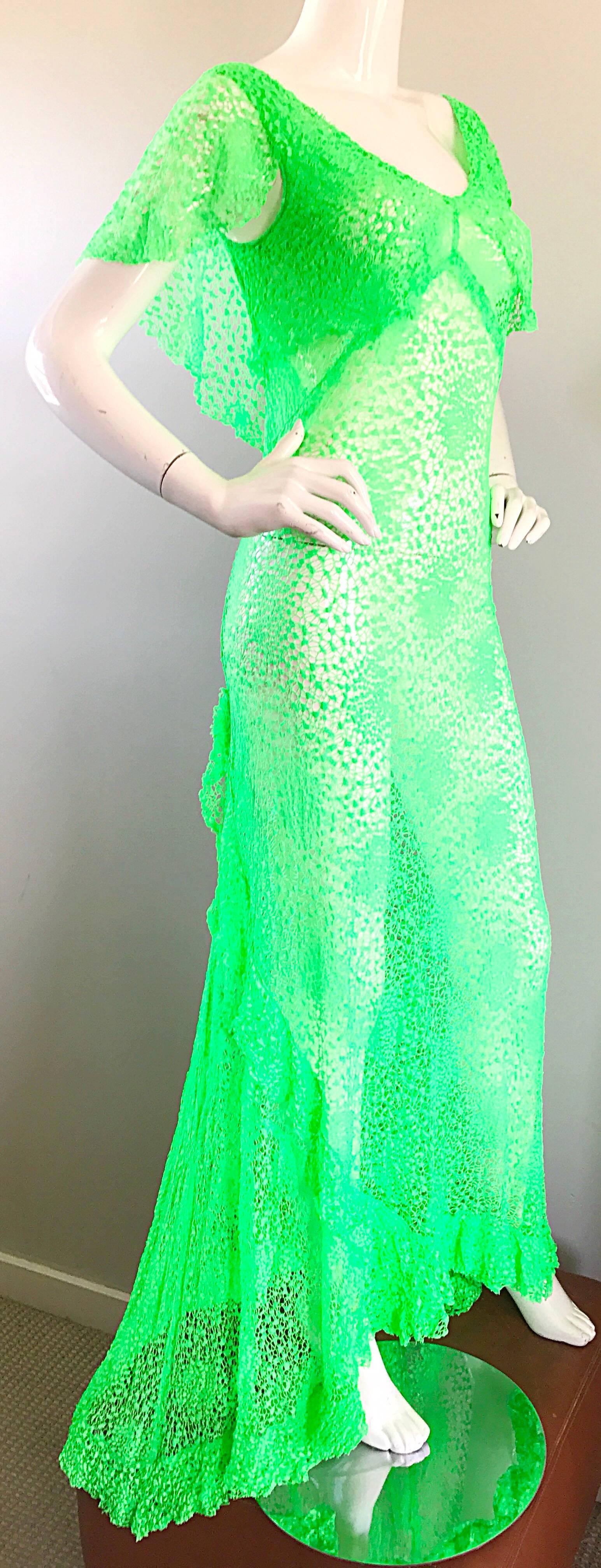 1930s Bright Neon Green Hand Crochet Vintage Bias Cut Gown 3