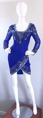 Vintage Oleg Cassini Size 6 1990s Royal Blue Silk Sequin Beaded 90s Mini Dress