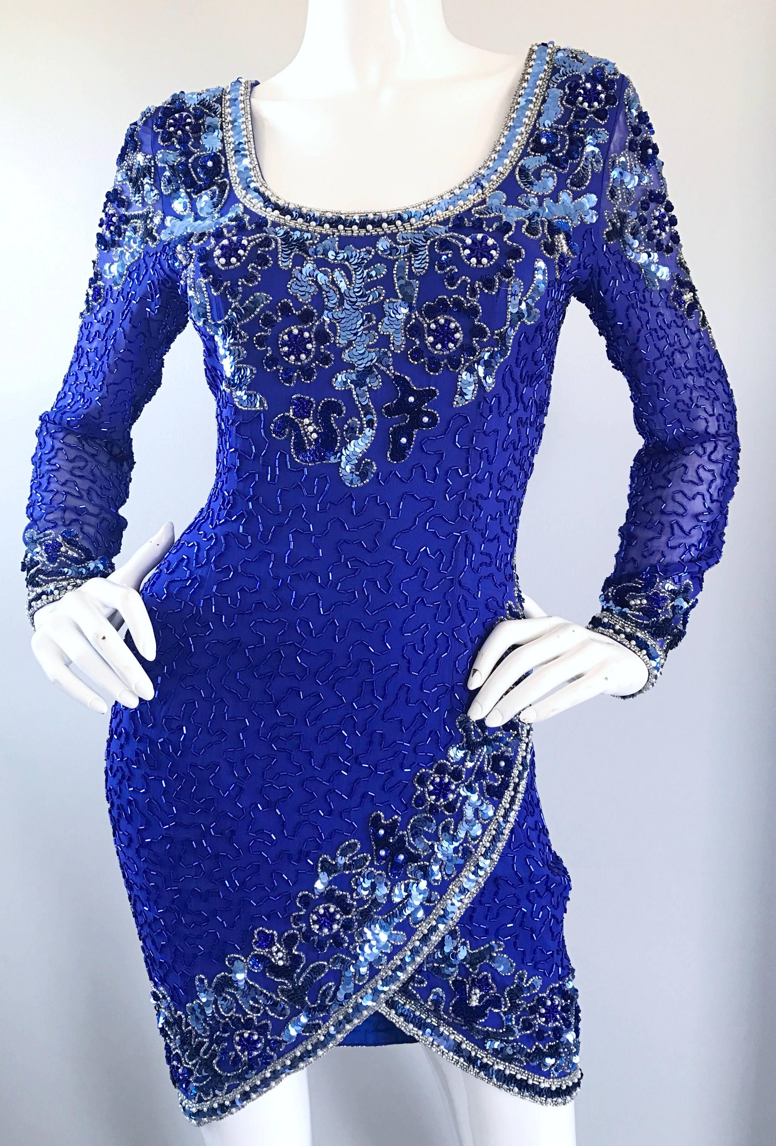 Women's Vintage Oleg Cassini Size 6 1990s Royal Blue Silk Sequin Beaded 90s Mini Dress For Sale