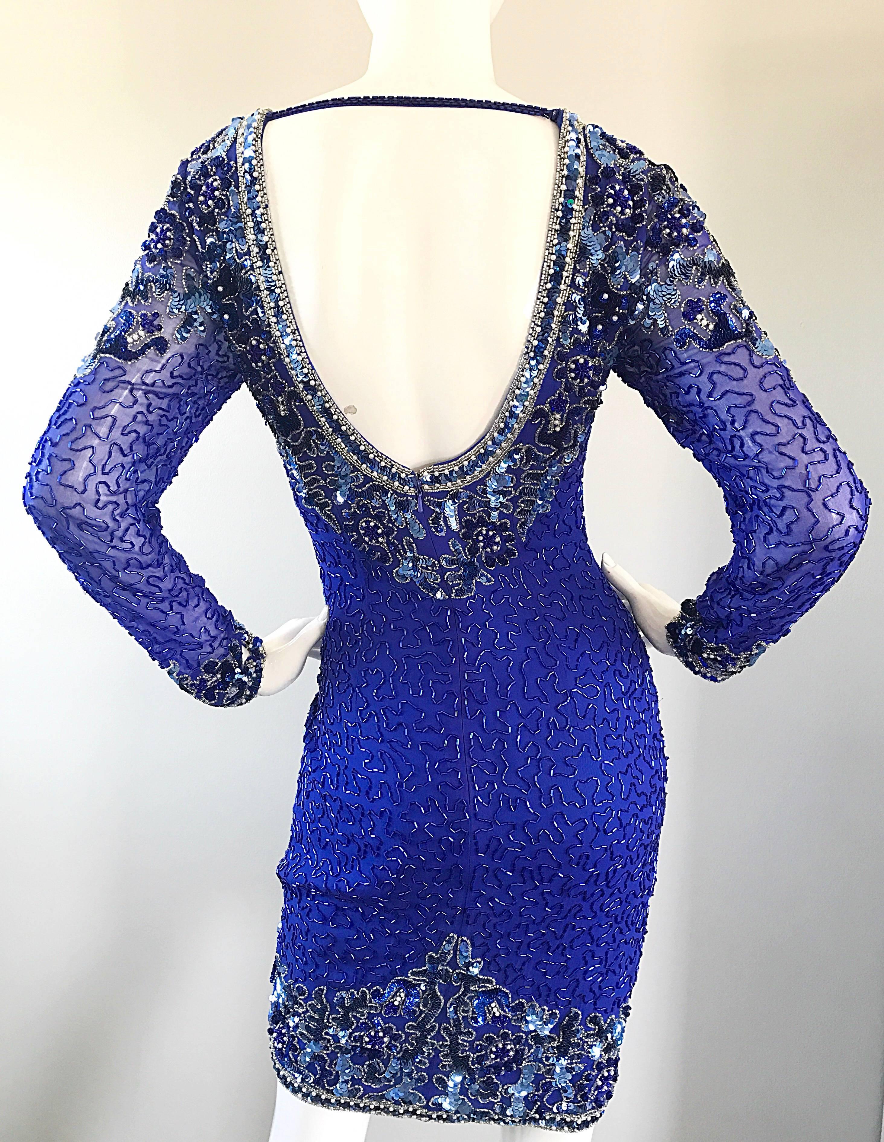 Vintage Oleg Cassini Size 6 1990s Royal Blue Silk Sequin Beaded 90s Mini Dress For Sale 1