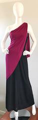 Bill Blass Vintage Raspberry Pink + Black Color Block Grecian One Shoulder Gown