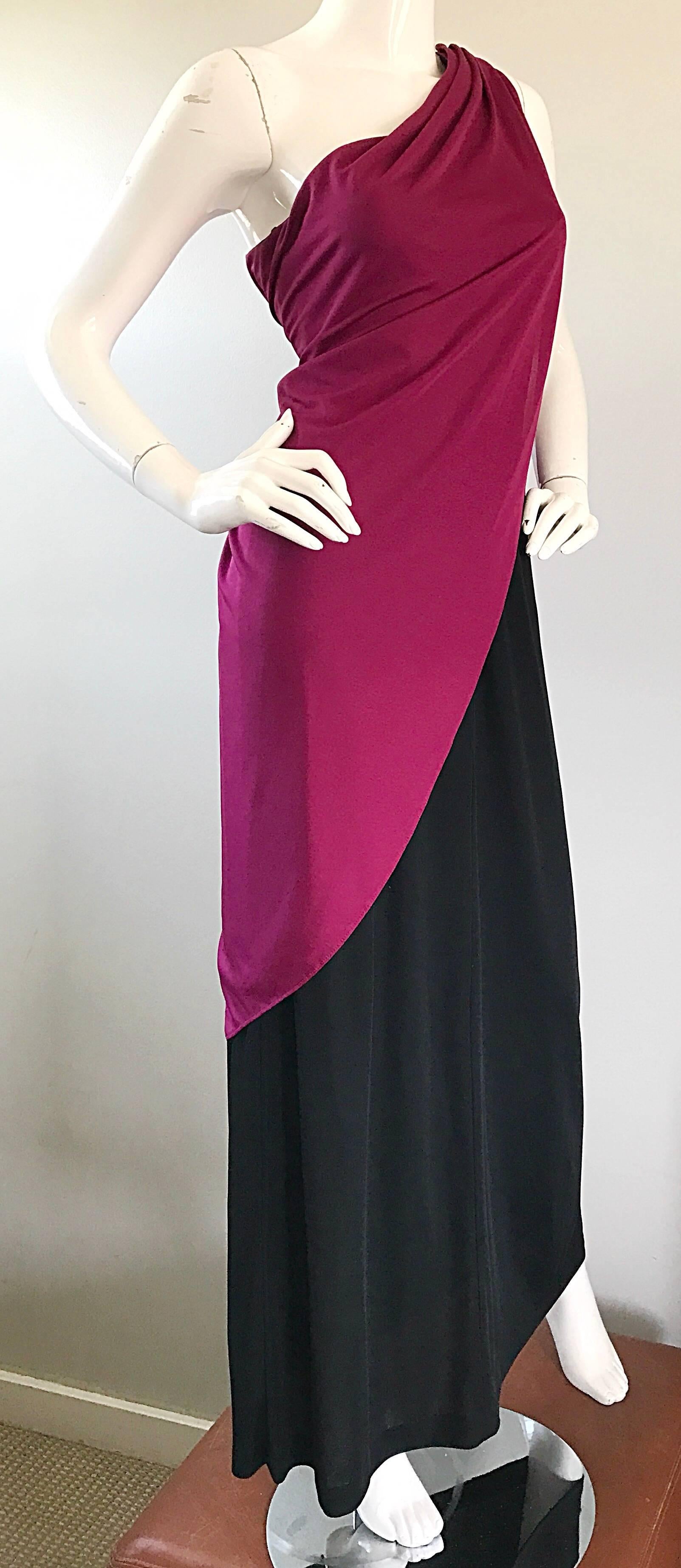 Purple Bill Blass Vintage Raspberry Pink + Black Color Block Grecian One Shoulder Gown For Sale