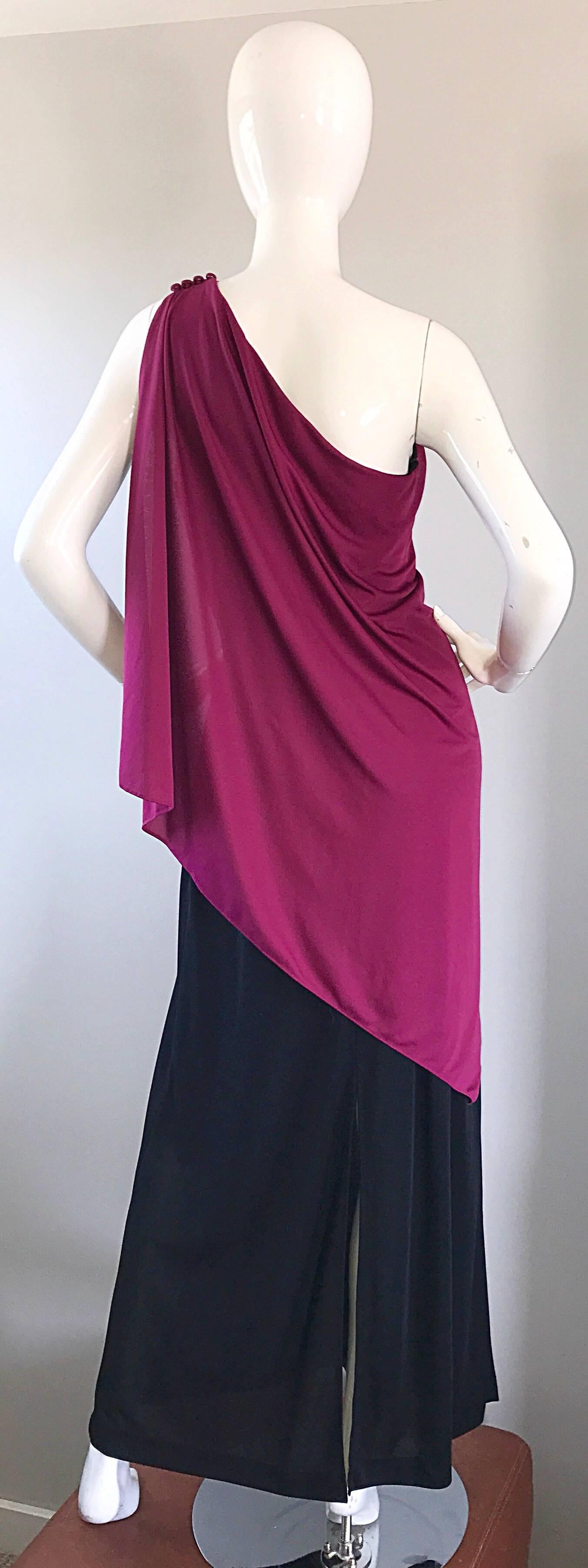 Women's Bill Blass Vintage Raspberry Pink + Black Color Block Grecian One Shoulder Gown For Sale