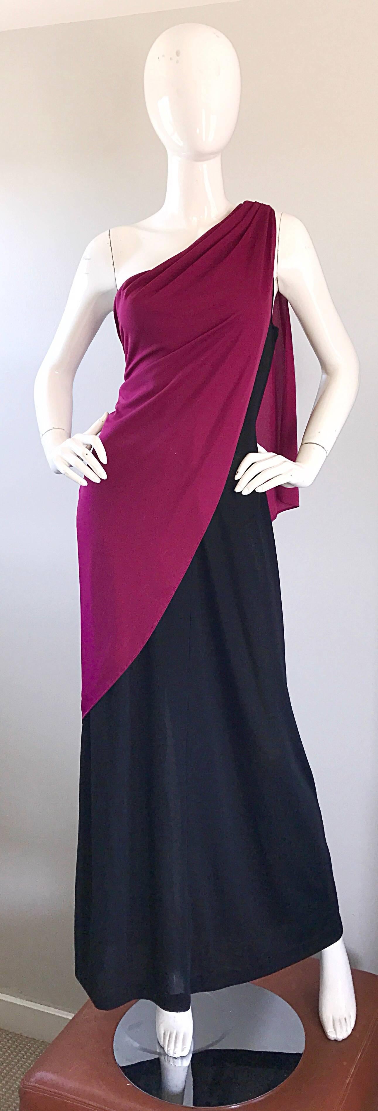 Bill Blass Vintage Raspberry Pink + Black Color Block Grecian One Shoulder Gown For Sale 1