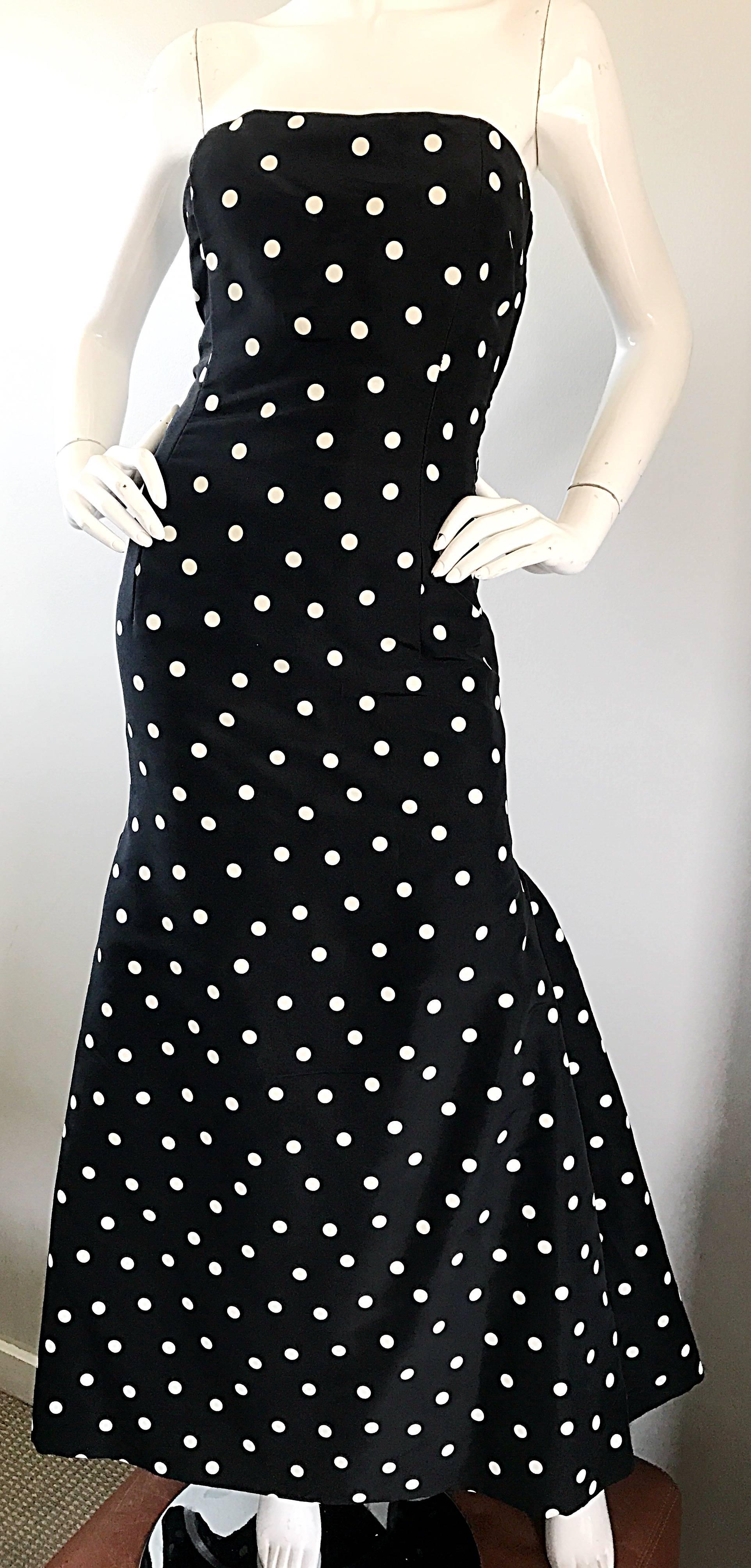 Women's Vintage Oscar de la Renta Black and White Polka Dot Strapless Mermaid Gown Dress