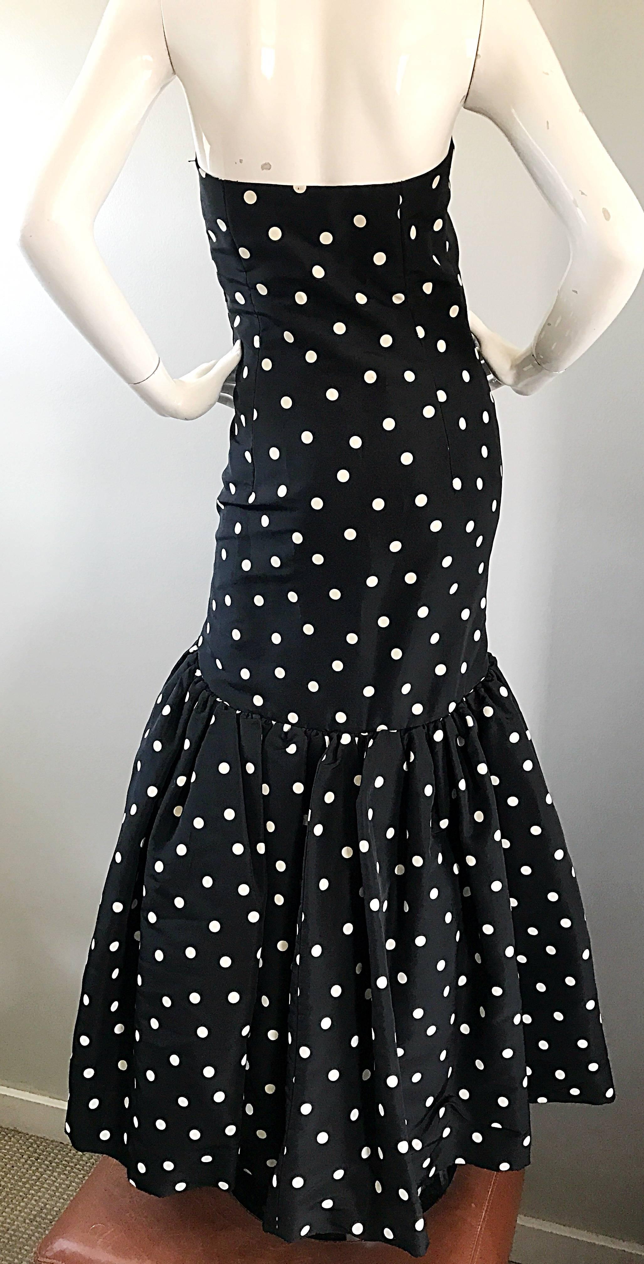 Vintage Oscar de la Renta Black and White Polka Dot Strapless Mermaid Gown Dress In Excellent Condition In San Diego, CA