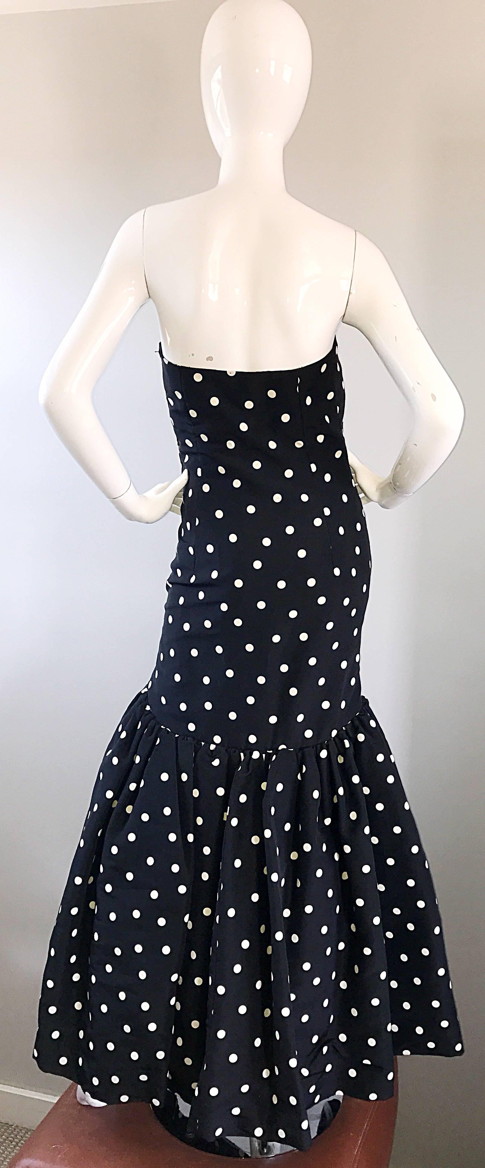 Vintage Oscar de la Renta Black and White Polka Dot Strapless Mermaid Gown Dress 1