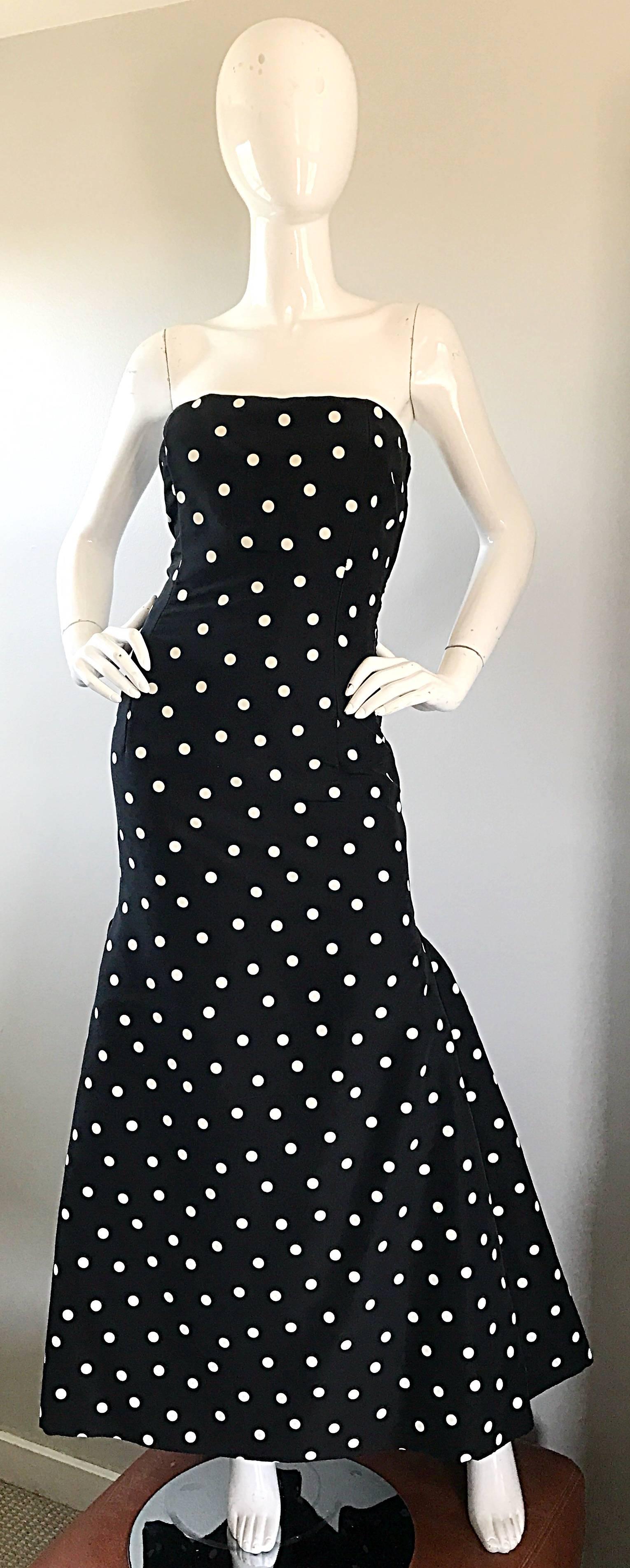 Vintage Oscar de la Renta Black and White Polka Dot Strapless Mermaid Gown Dress 2