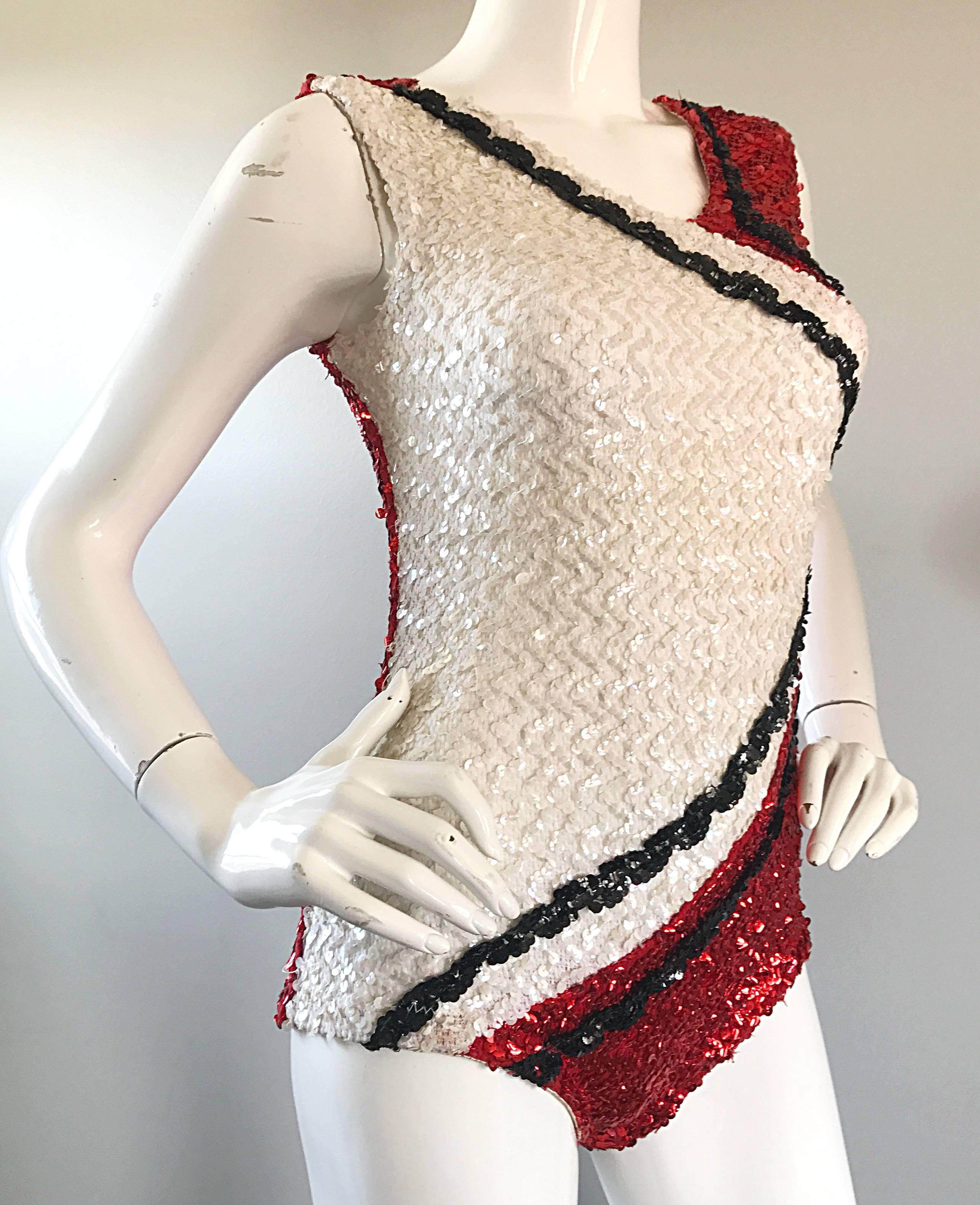 Women's 1960s Red White Black Color Block Sequined Majorette Playsuit Onesie Bodysuit  For Sale