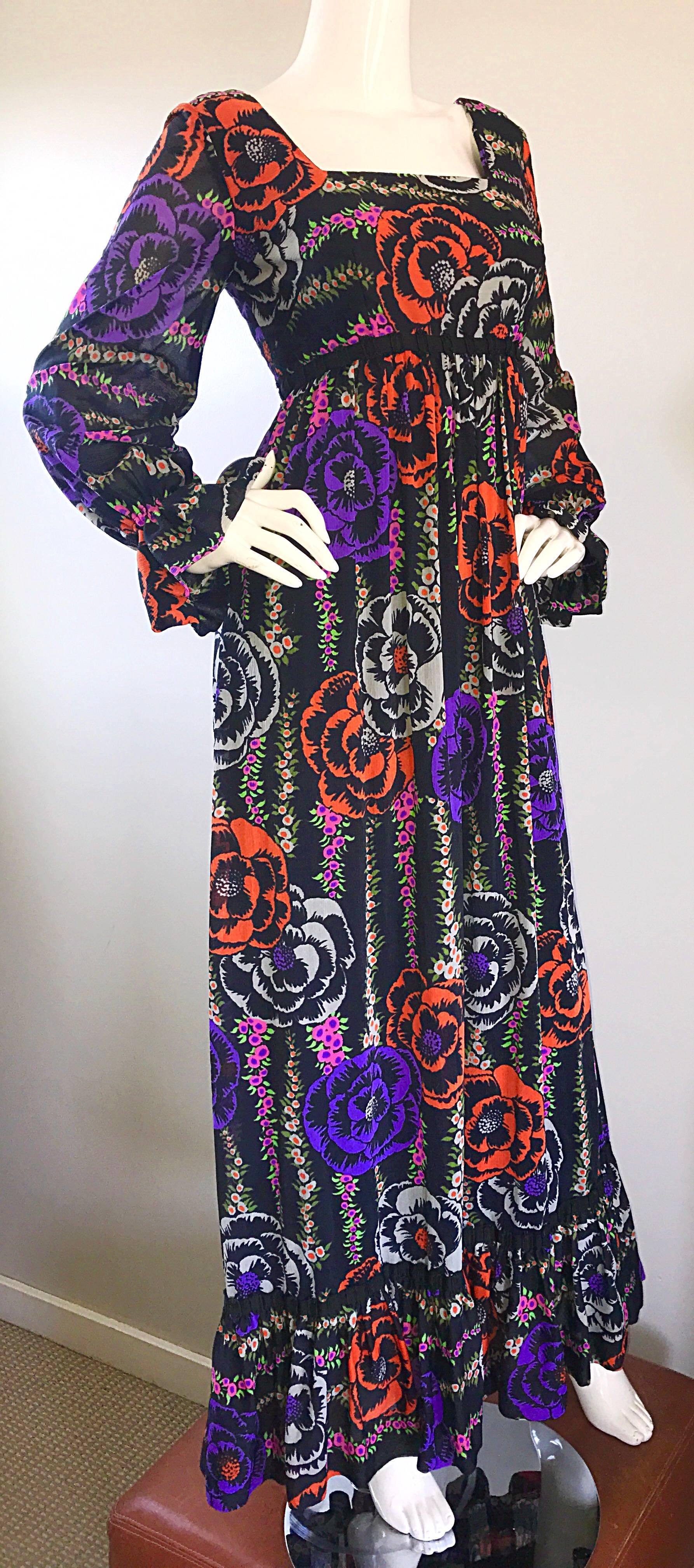 Lilly Pulitzer - The Lilly - Robe longue noire colorée style bohème, vintage, années 1970  Excellent état - En vente à San Diego, CA