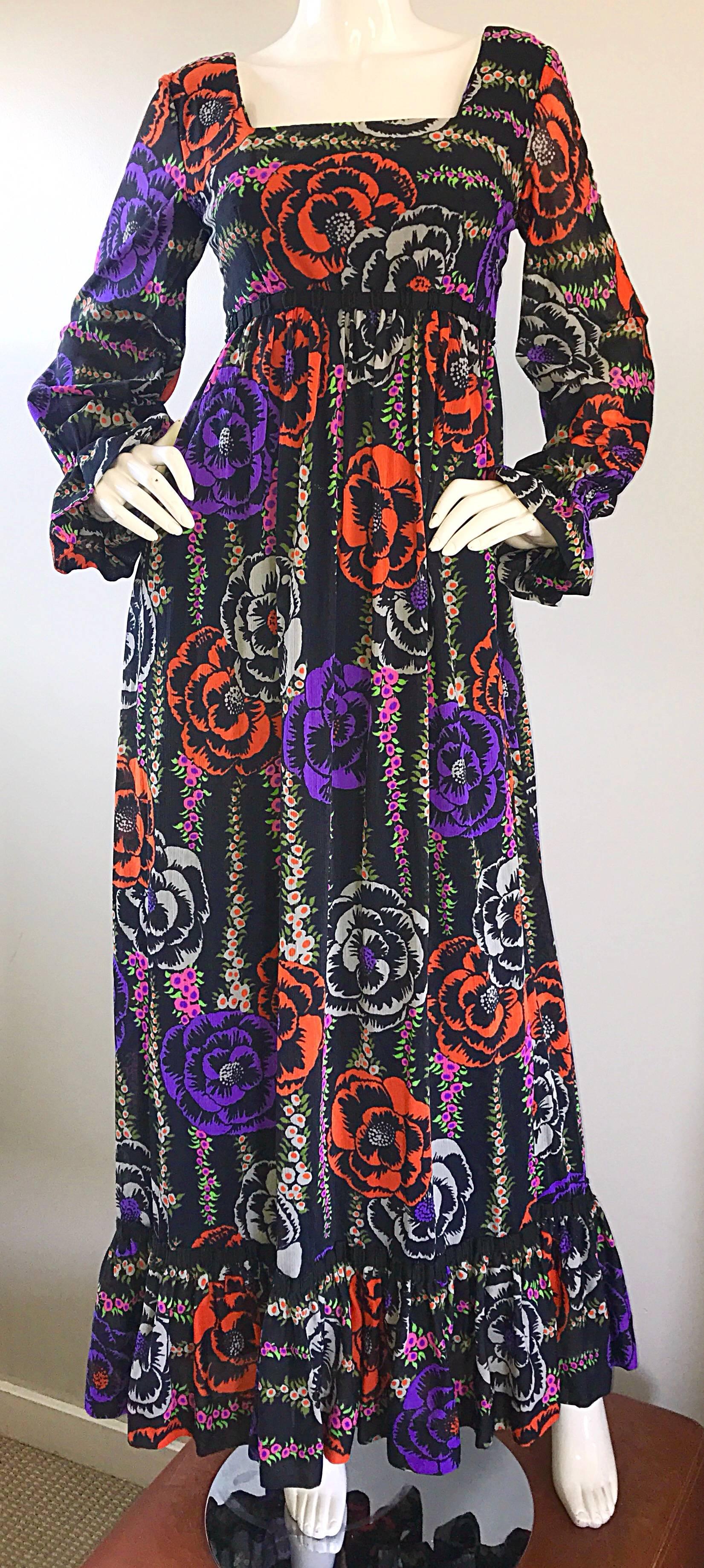 Women's 1970s Lilly Pulitzer ' The Lilly ' Black Colorful Vintage 70s Boho Maxi Dress  For Sale