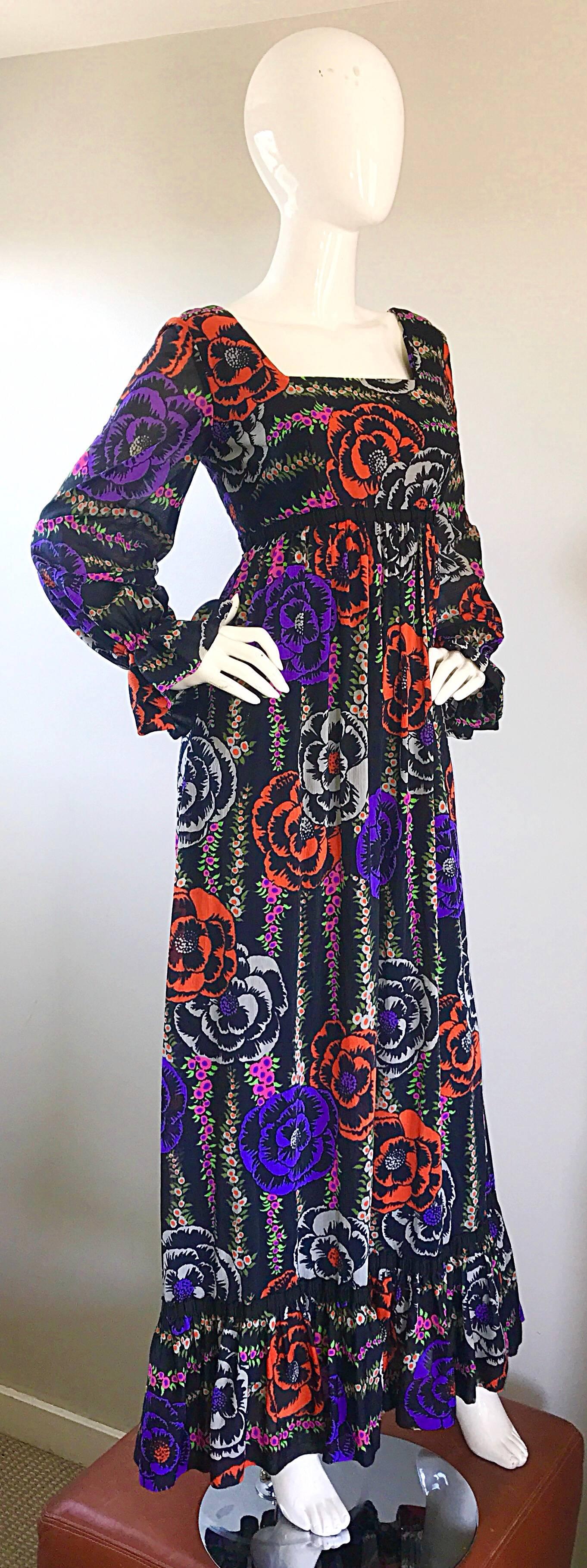 Lilly Pulitzer - The Lilly - Robe longue noire colorée style bohème, vintage, années 1970  en vente 3