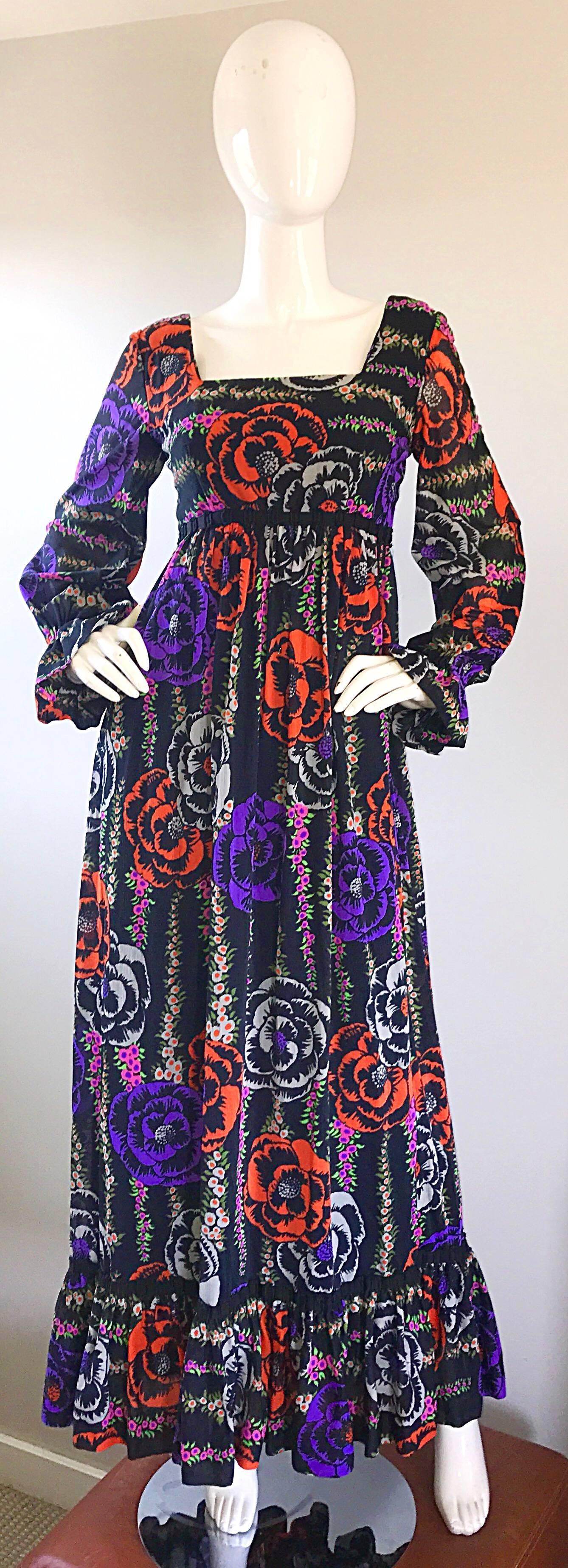 Lilly Pulitzer - The Lilly - Robe longue noire colorée style bohème, vintage, années 1970  en vente 4