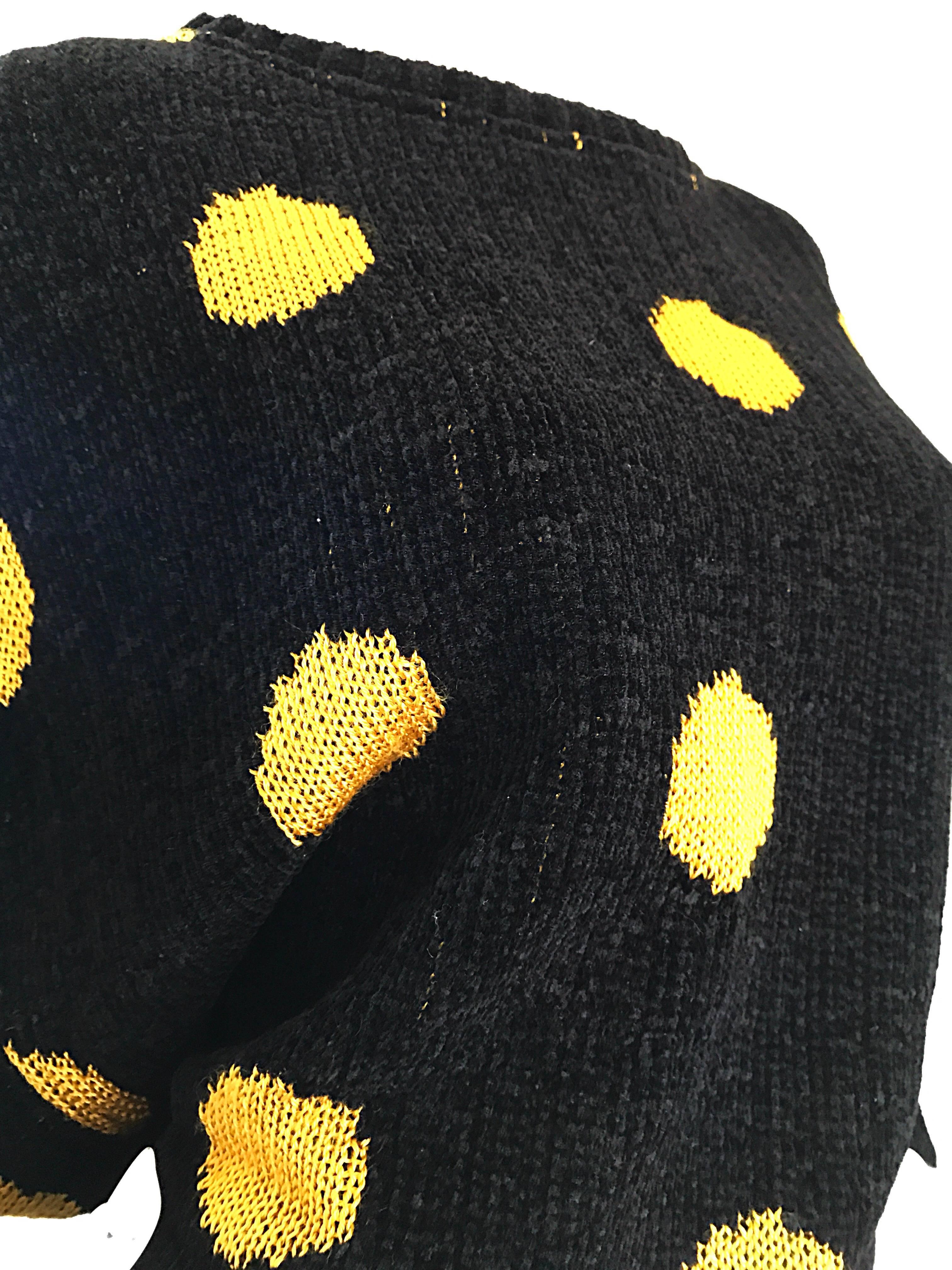 Women's Rare Vintage Gianni Versace Early 1980s Intarsia Black Yellow Polka Dot Sweater