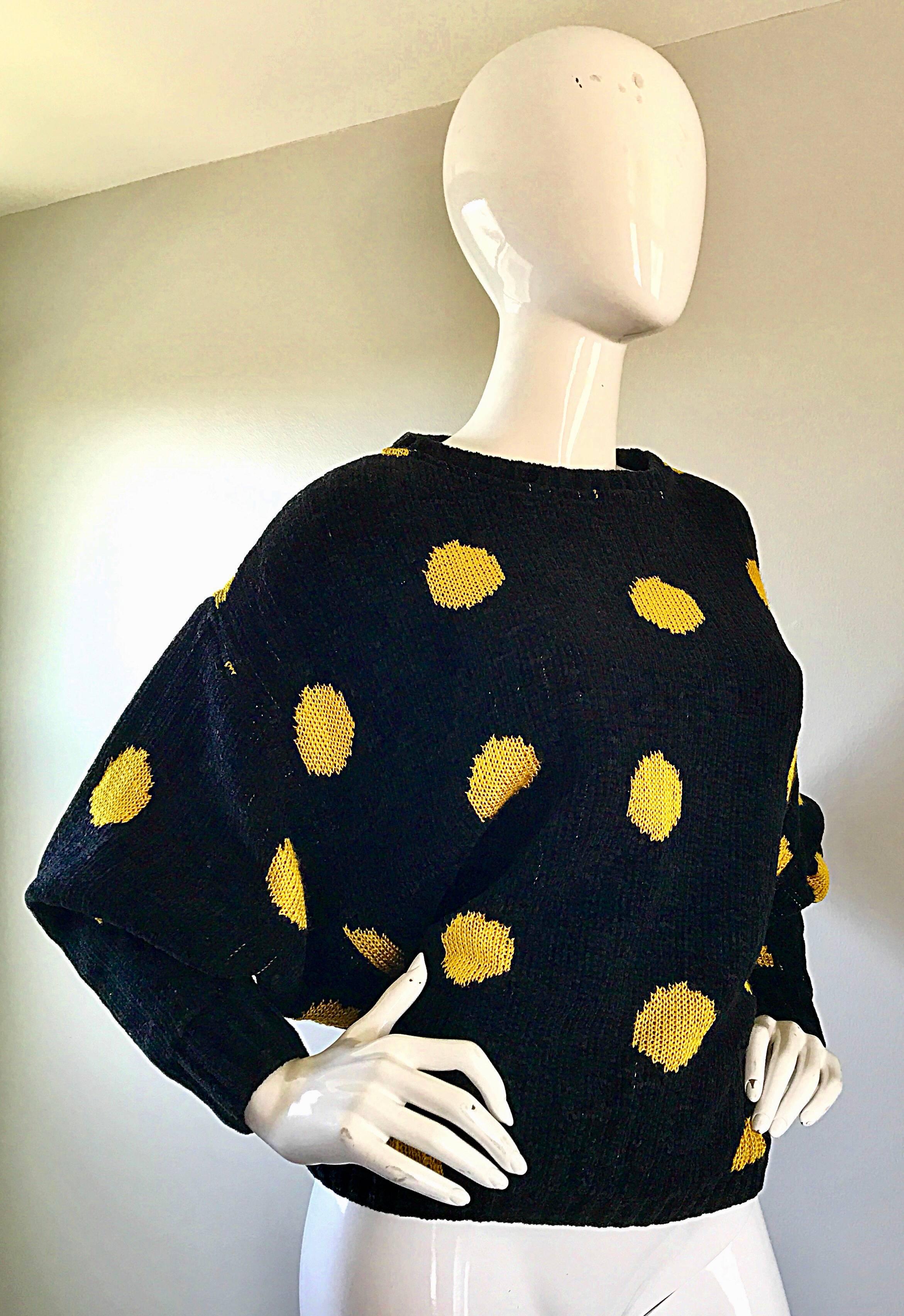 Rare Vintage Gianni Versace Early 1980s Intarsia Black Yellow Polka Dot Sweater 1