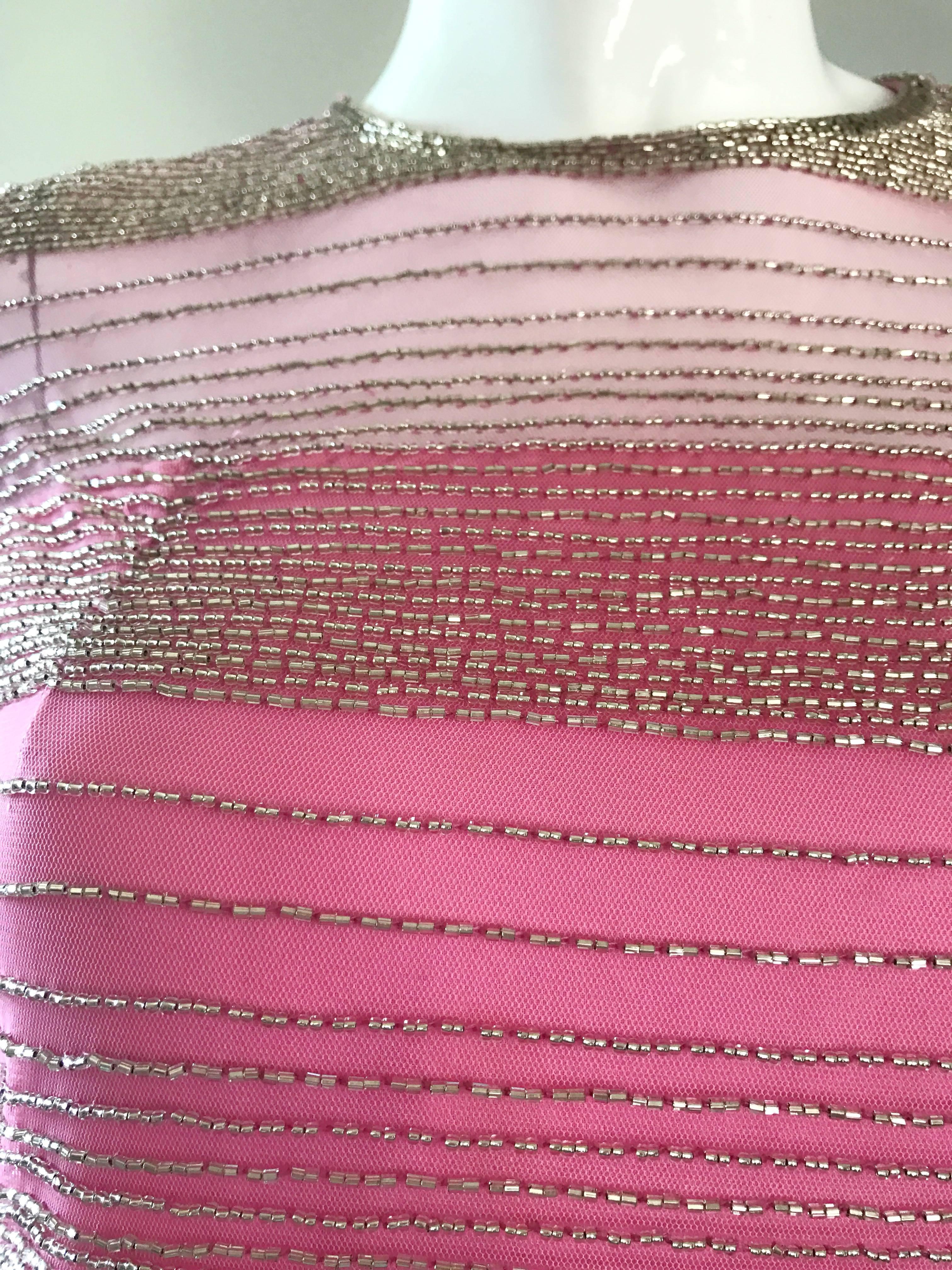 Beautiful Vintage Oleg Cassini Size 6 1990s Pink + Silver Silk Beaded 90s Dress In Excellent Condition In San Diego, CA