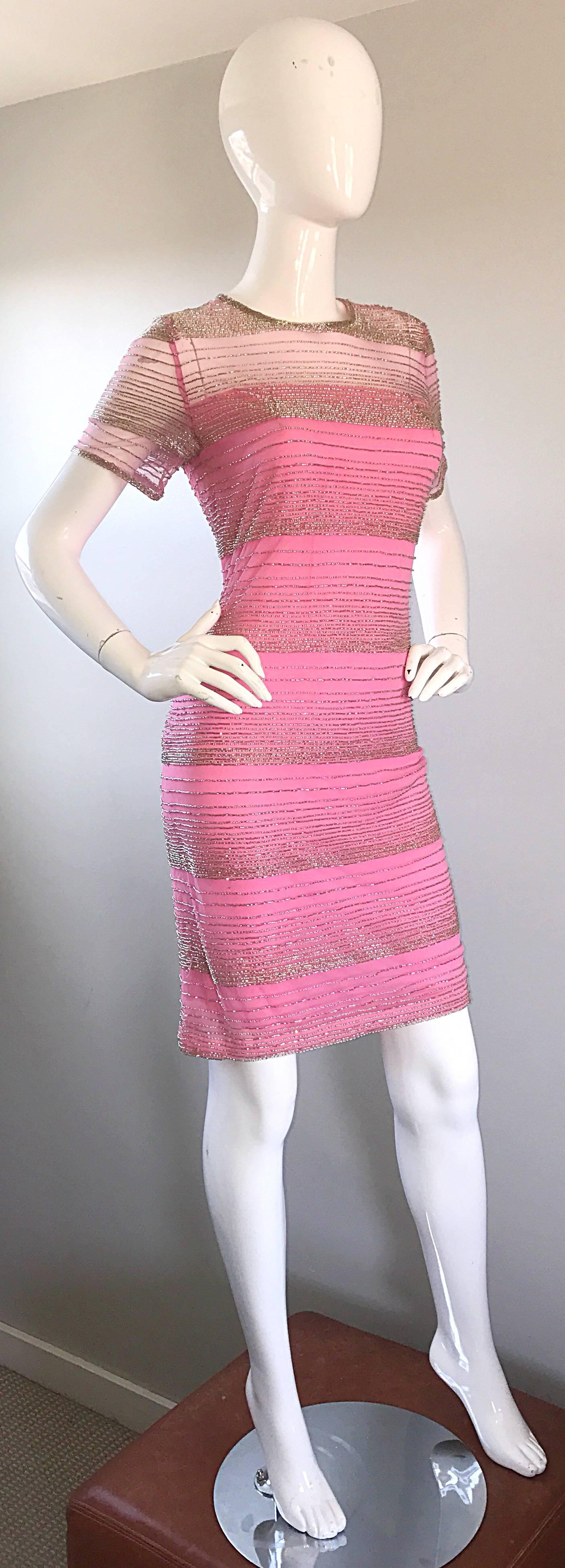 Women's Beautiful Vintage Oleg Cassini Size 6 1990s Pink + Silver Silk Beaded 90s Dress