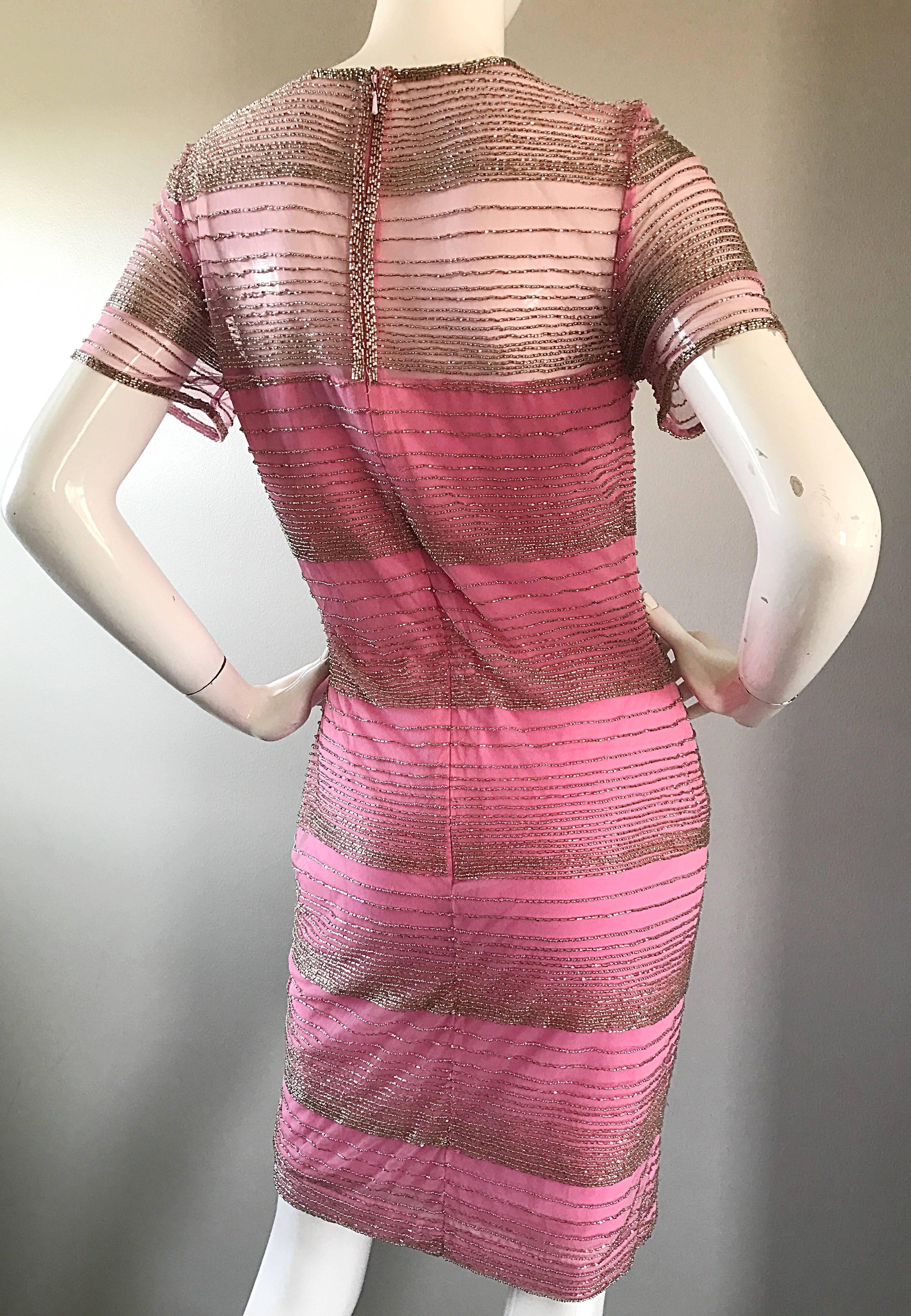 Beautiful Vintage Oleg Cassini Size 6 1990s Pink + Silver Silk Beaded 90s Dress 1