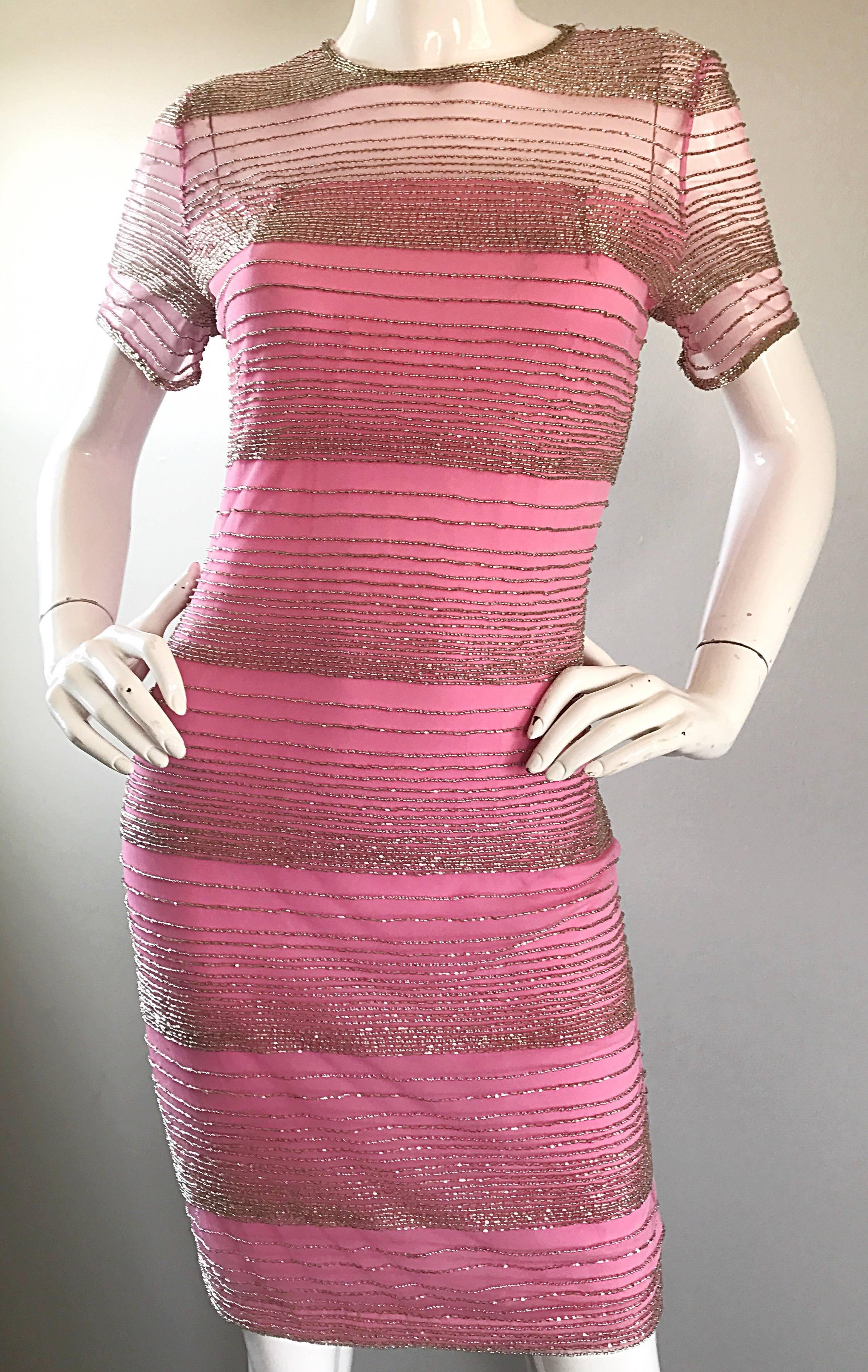 Beautiful Vintage Oleg Cassini Size 6 1990s Pink + Silver Silk Beaded 90s Dress 2