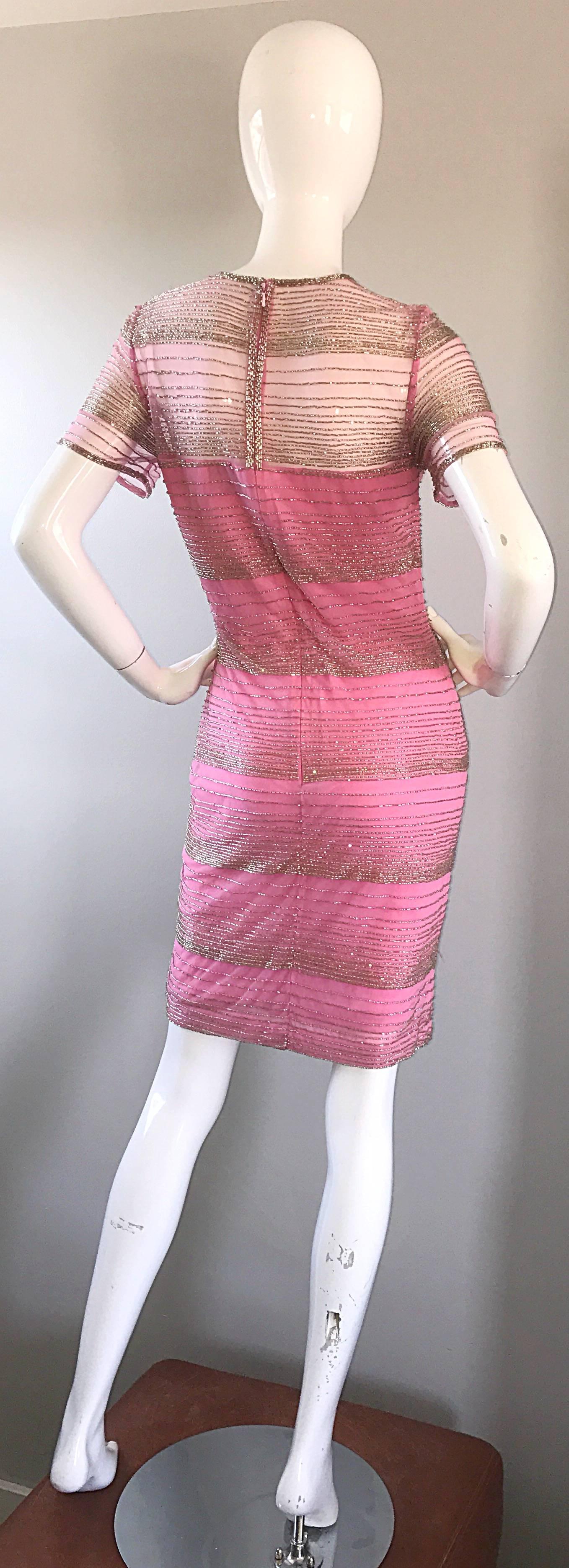 Beautiful Vintage Oleg Cassini Size 6 1990s Pink + Silver Silk Beaded 90s Dress 3