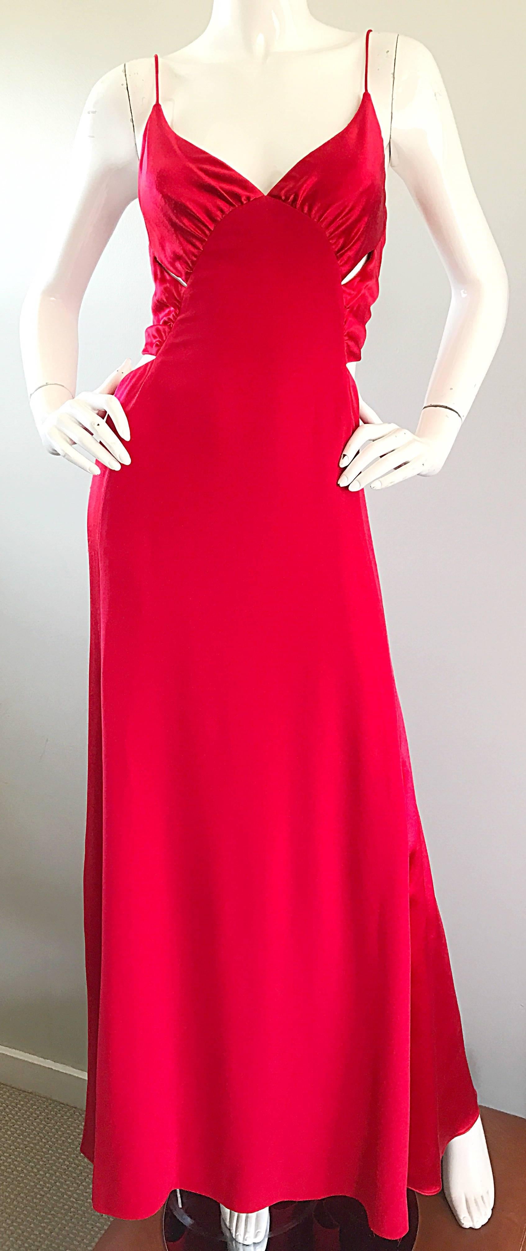 Women's 1990s Angel Sanchez Size 6 Vintage Lipstick Red Cut Out Silk Satin Evening Gown For Sale