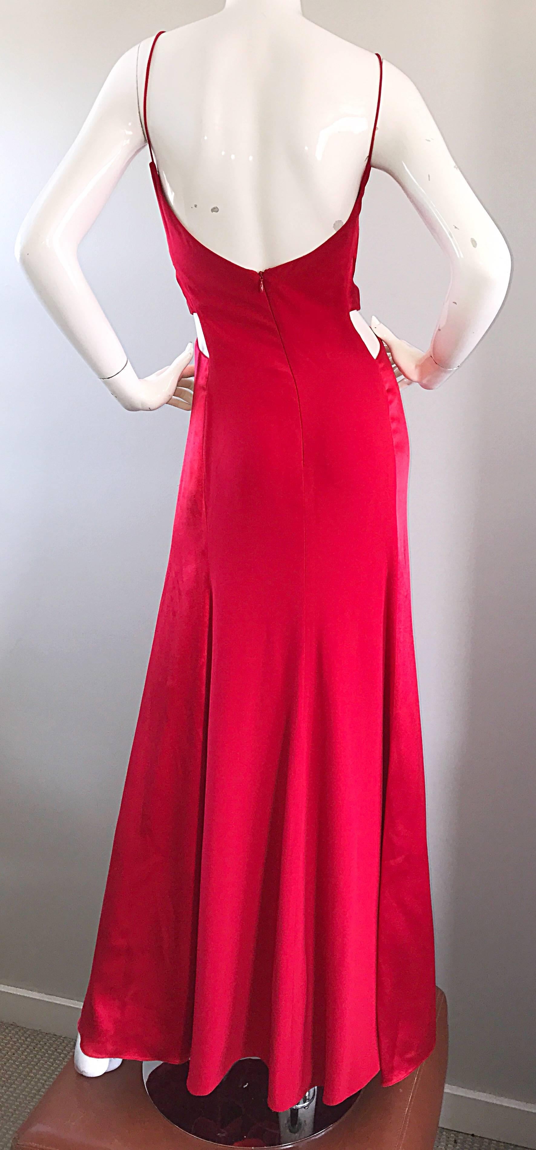 1990s Angel Sanchez Size 6 Vintage Lipstick Red Cut Out Silk Satin Evening Gown For Sale 1