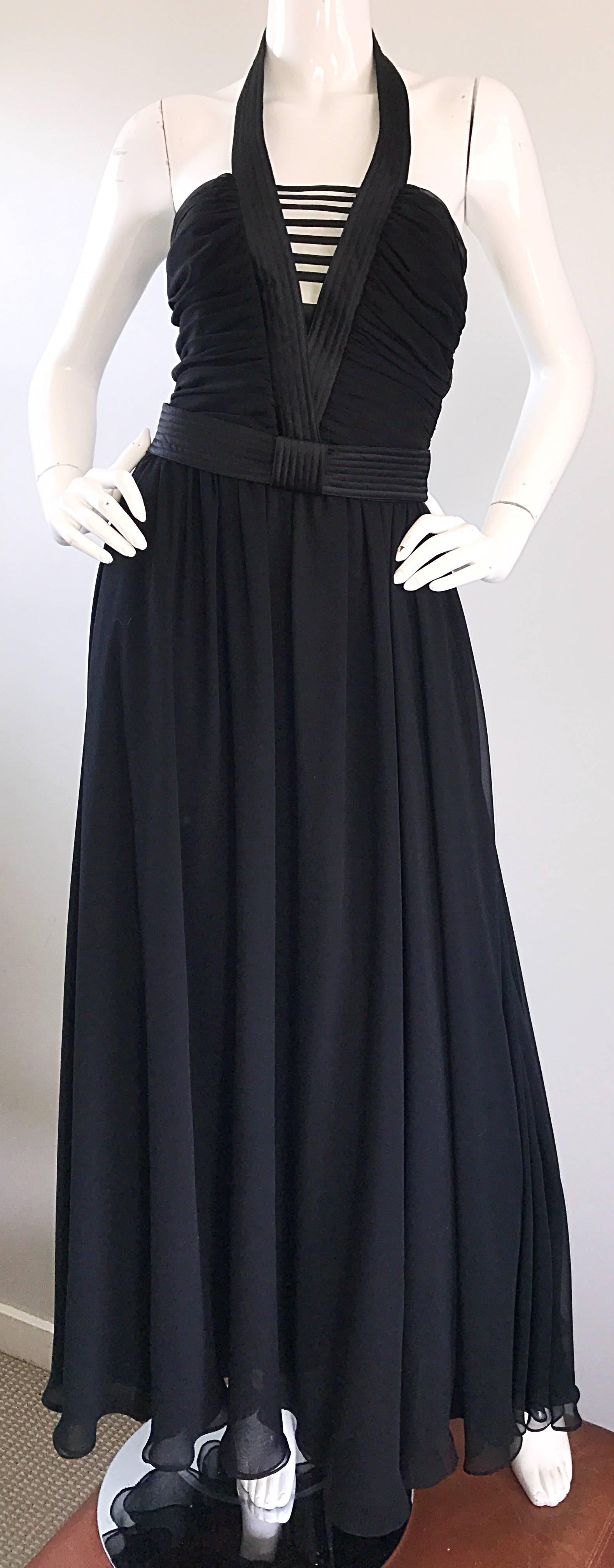1970s Frank Usher Black Chiffon Cut - Out Belted 70s Vintage Evening Gown Dress In Excellent Condition For Sale In San Diego, CA