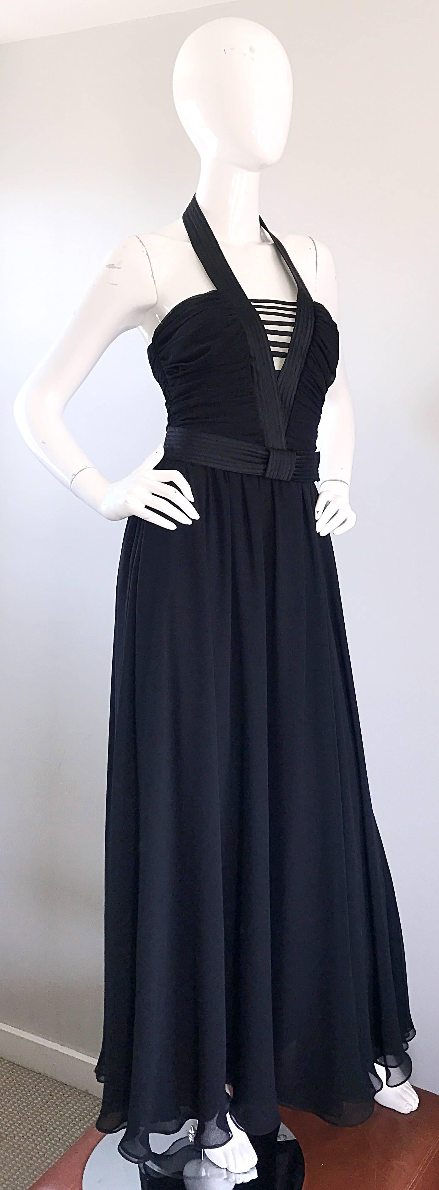 Women's 1970s Frank Usher Black Chiffon Cut - Out Belted 70s Vintage Evening Gown Dress For Sale