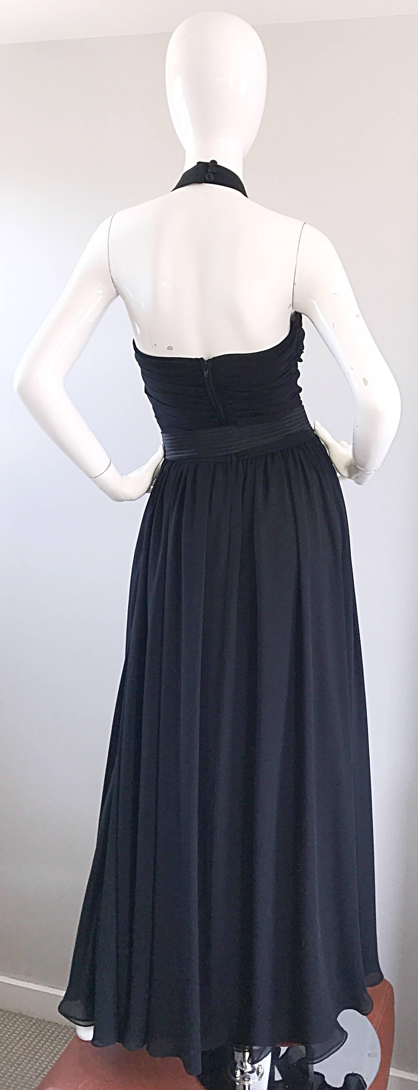 1970s Frank Usher Black Chiffon Cut - Out Belted 70s Vintage Evening Gown Dress For Sale 1