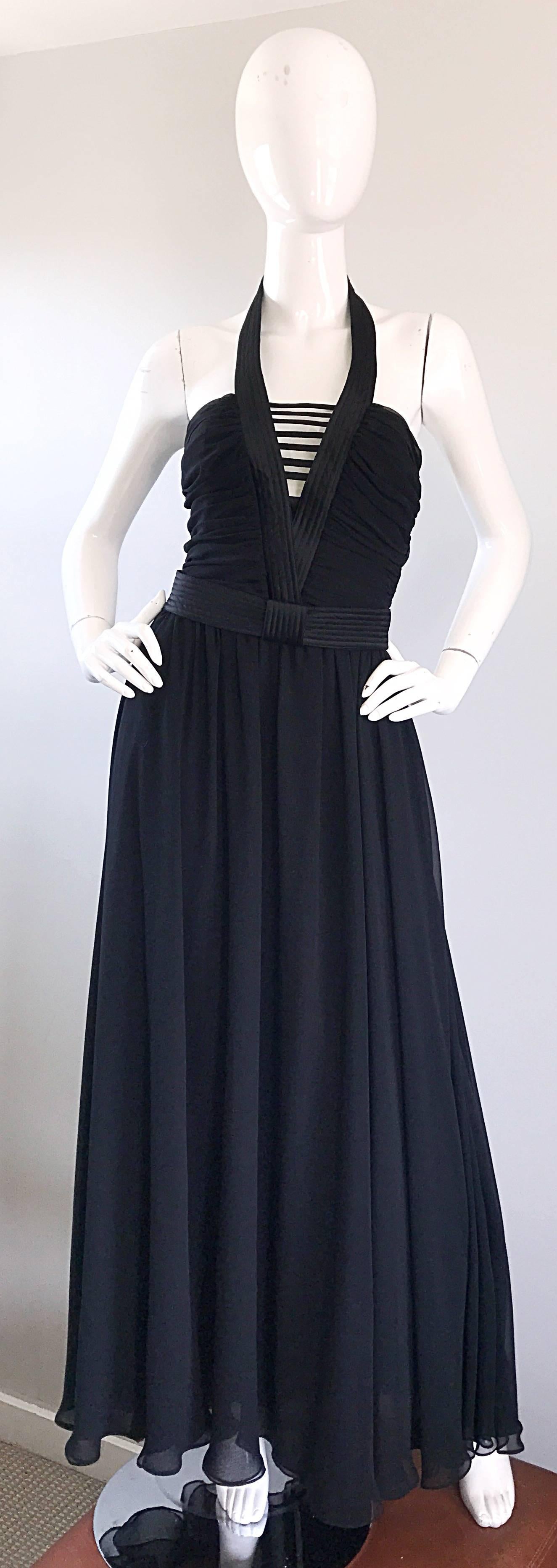 1970s Frank Usher Black Chiffon Cut - Out Belted 70s Vintage Evening Gown Dress For Sale 2