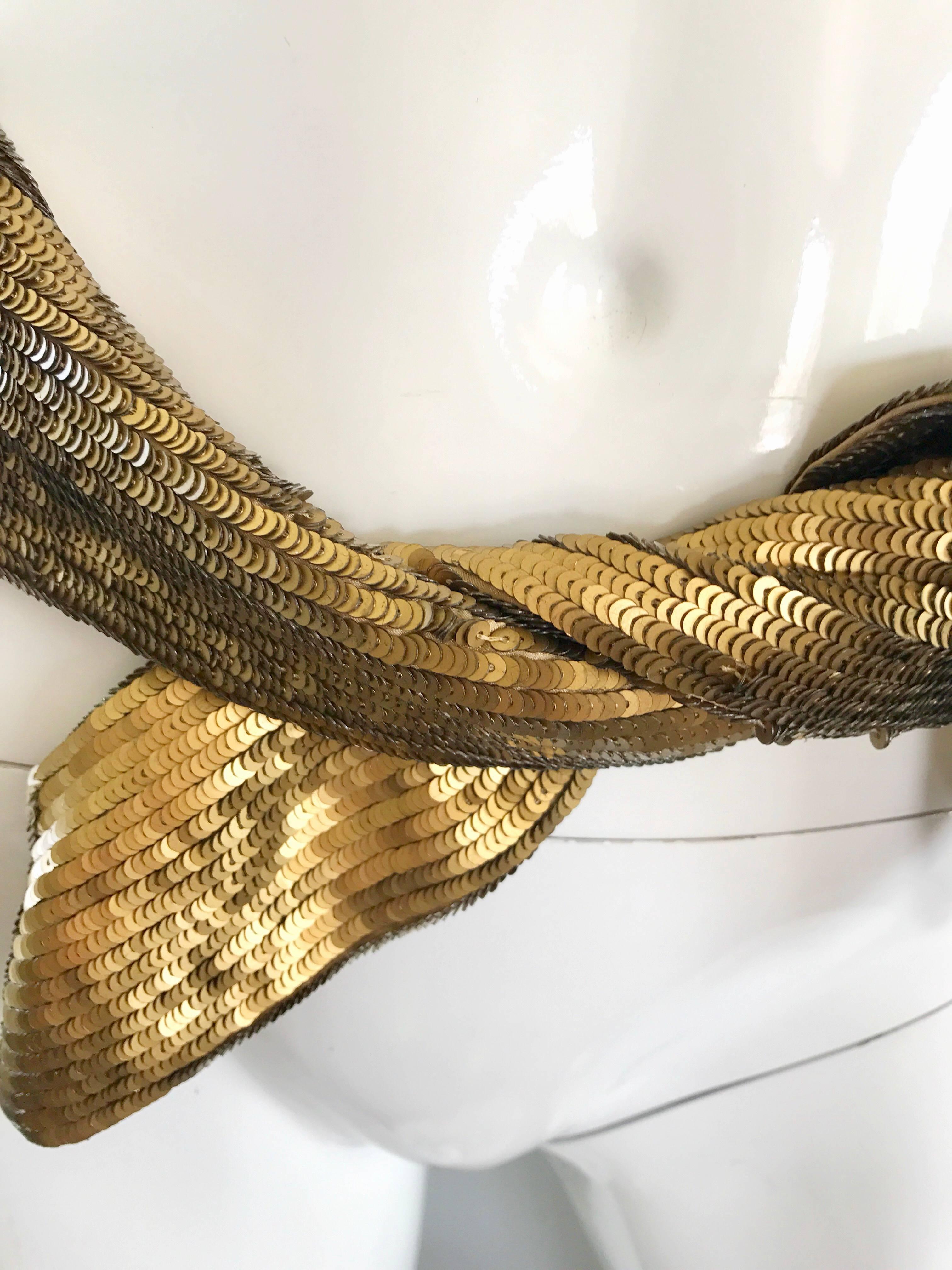 Or New Proenza Schouler Bronze Gold Metallic Sequin Silk Tie Sash Belt Hair Scarf  en vente