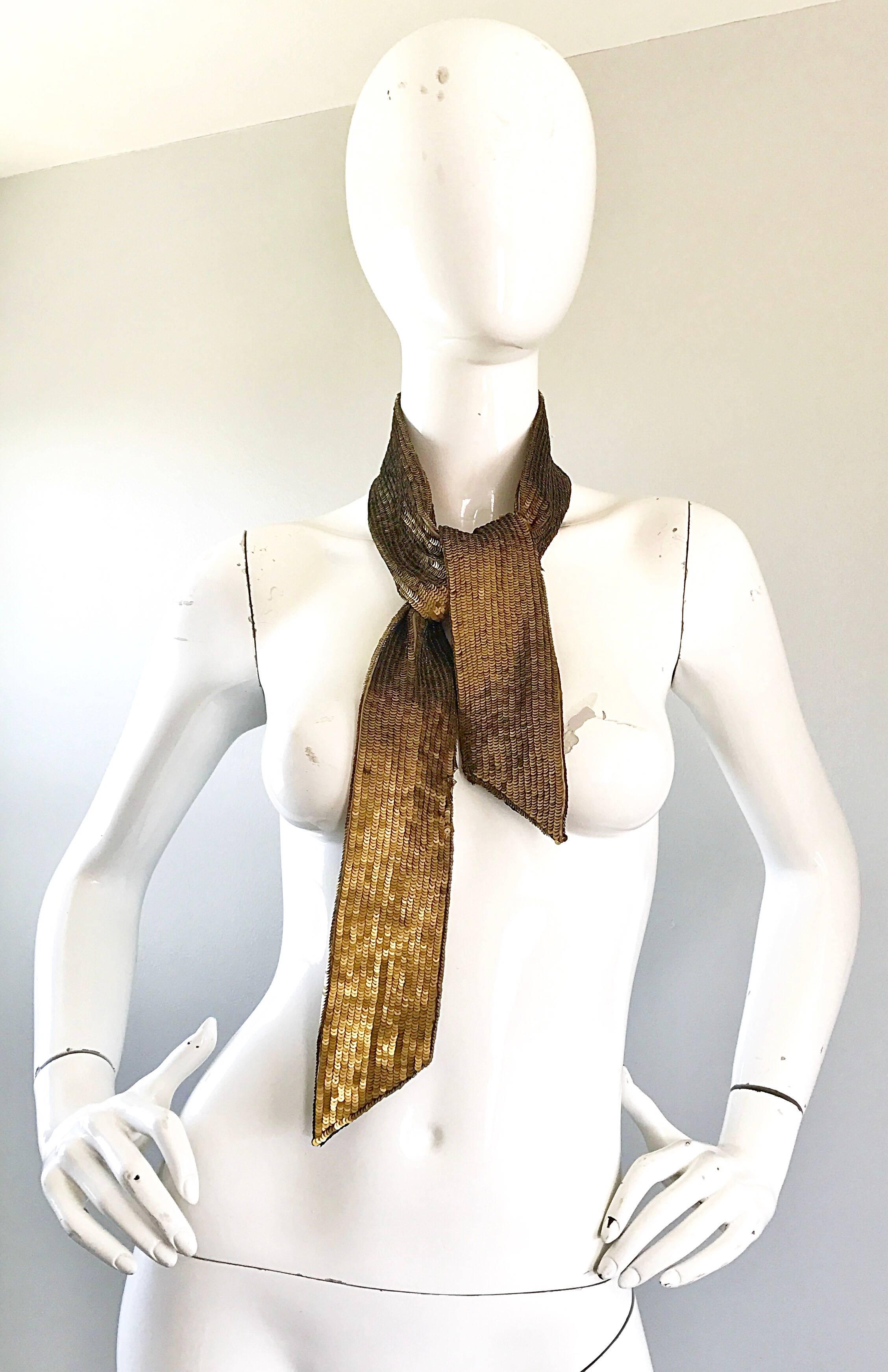 New Proenza Schouler Bronze Gold Metallic Sequin Silk Tie Sash Belt Hair Scarf  Pour femmes en vente