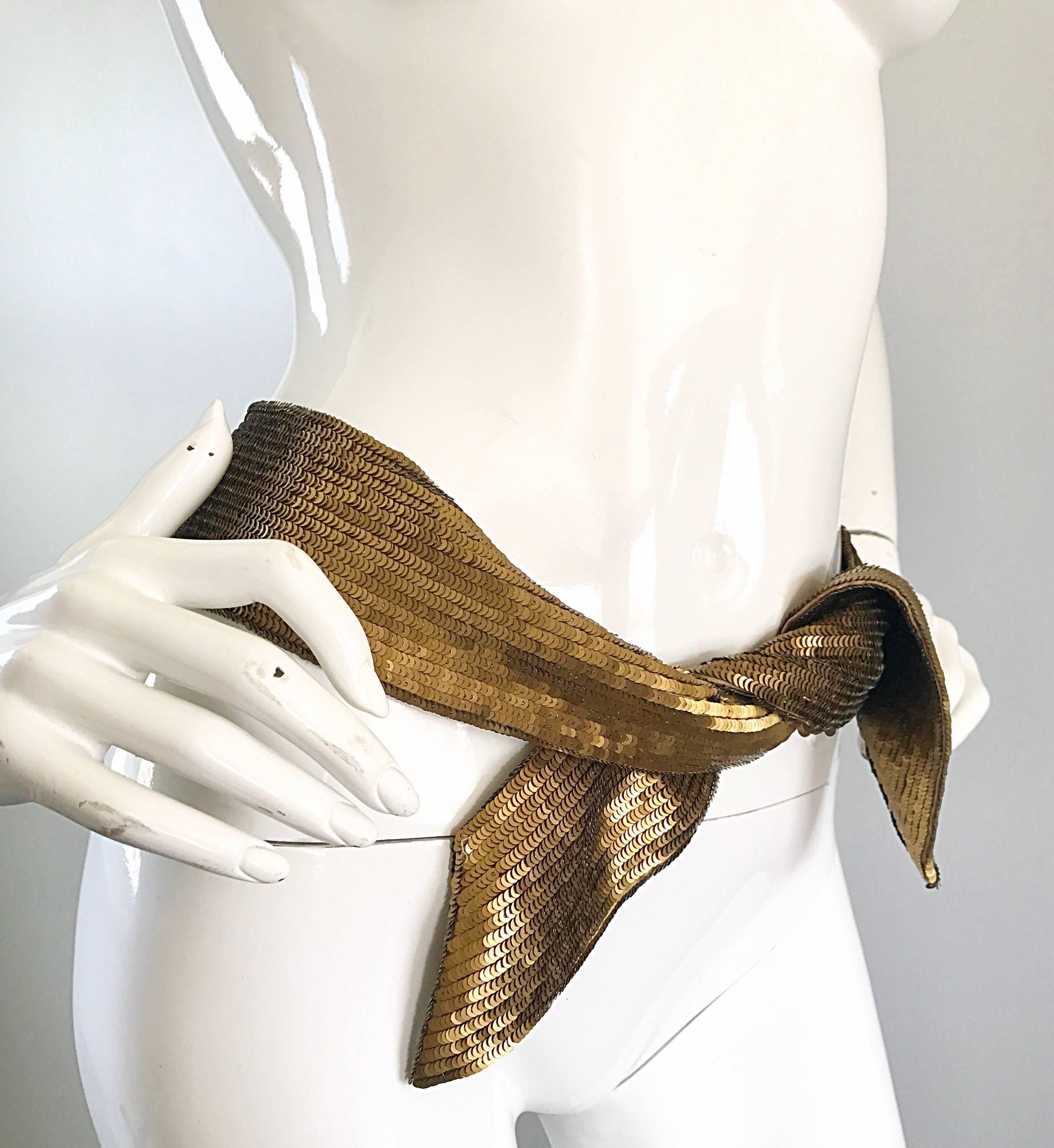 Women's New Proenza Schouler Bronze Gold Metallic Sequin Silk Tie Sash Belt Hair Scarf  For Sale